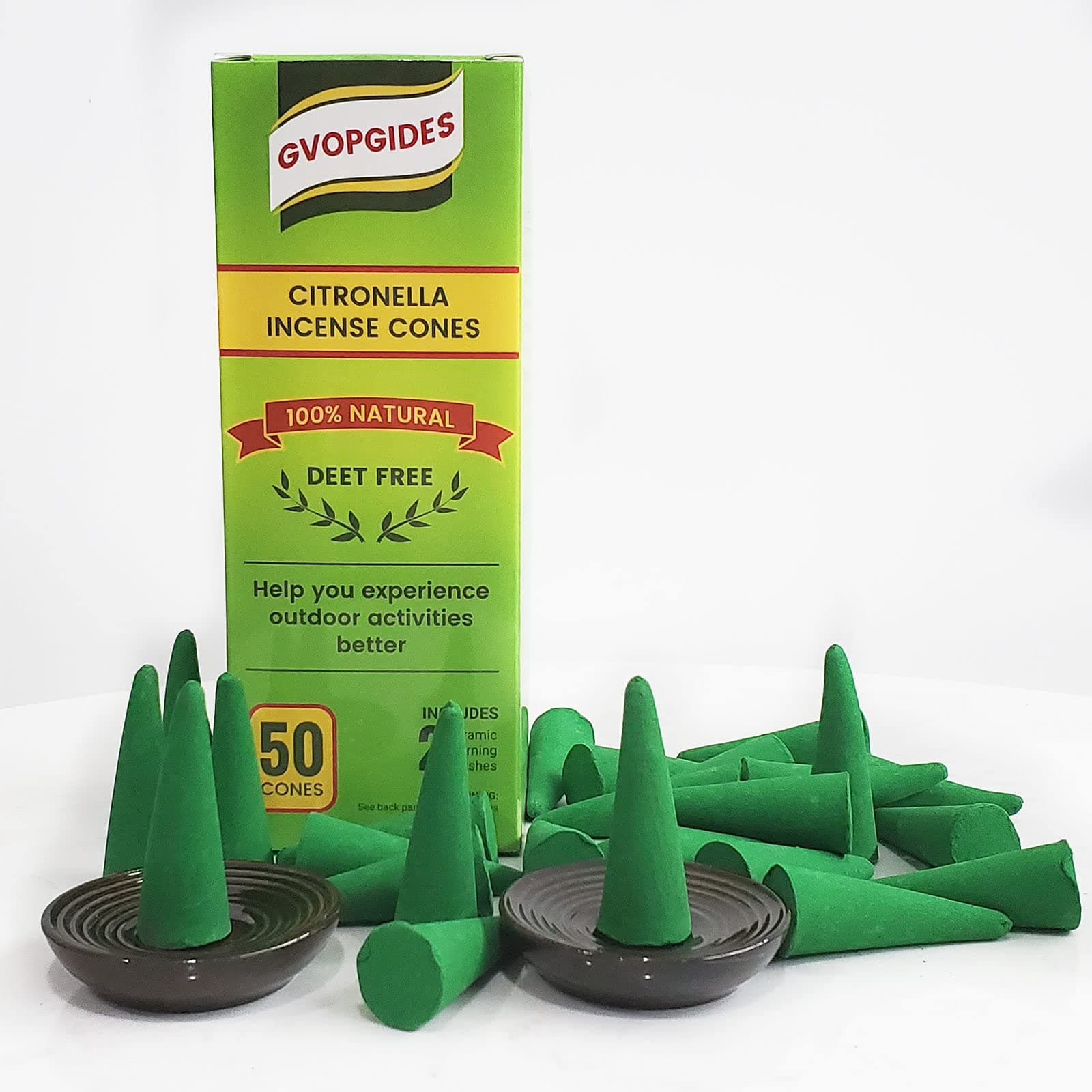 Citronella Incense Cones (50 Cones) Made With Plant Based Ingredients, Citronella, Lemongrass, and Rosemary Oils - Includes 2 Ceramic Dishes