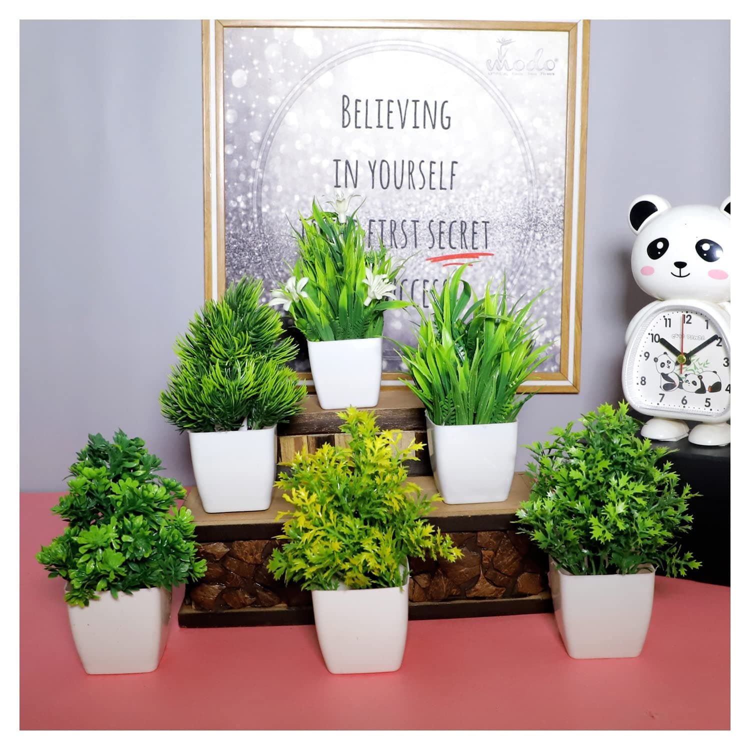 Modo Artificial Plants with Pot for Home Decor Living Room Office Desk Top Mini Planter Decorative Samll Succulent Bonsai Plant with Pots Indoor, Festival Gift - Set of6 (White, 14.5 cm)