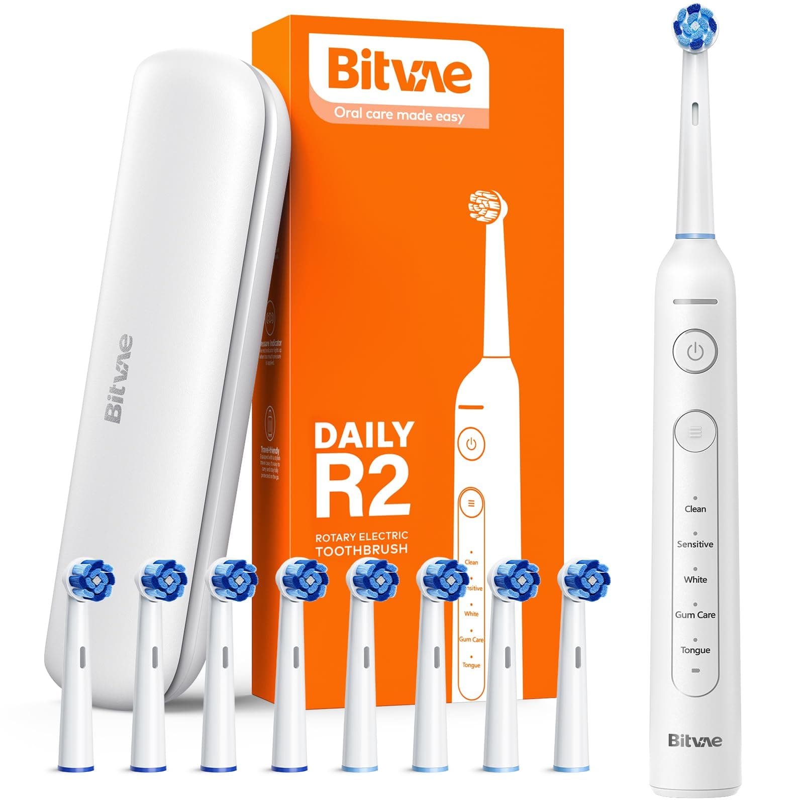 Bitvae R2 Rotating Electric Toothbrush for Adults with 8 Brush Heads, 5 Modes Rechargeable Power Toothbrush with Pressure Sensor, White