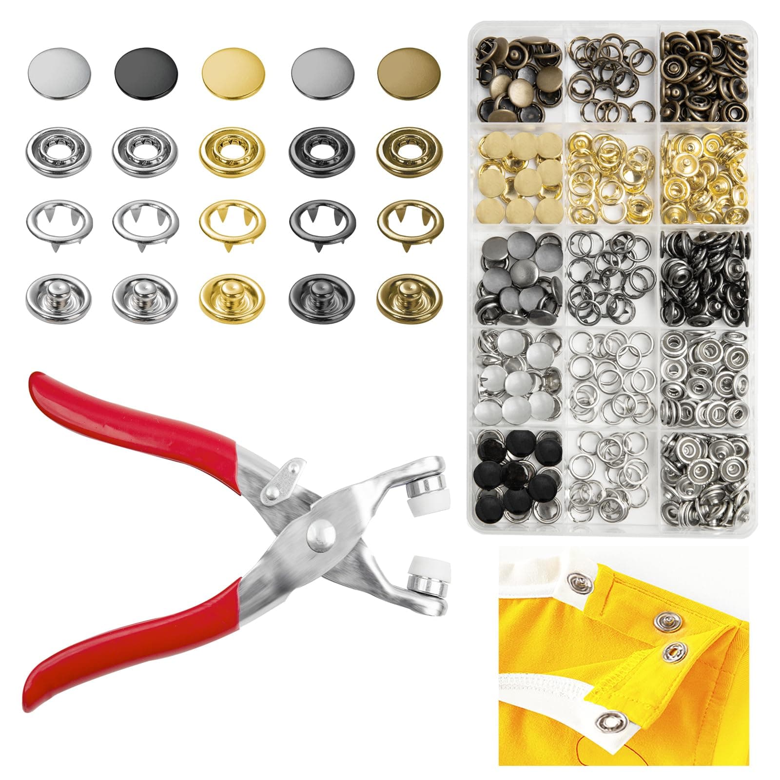 GTAAOY 100 Sets 9.5mm Metal Snaps Buttons with Fastener Pliers Press Tool Kit Perfect for Crafts Clothes Hats and Sewing, Snap Button Fasteners Kit for Clothing Sewing