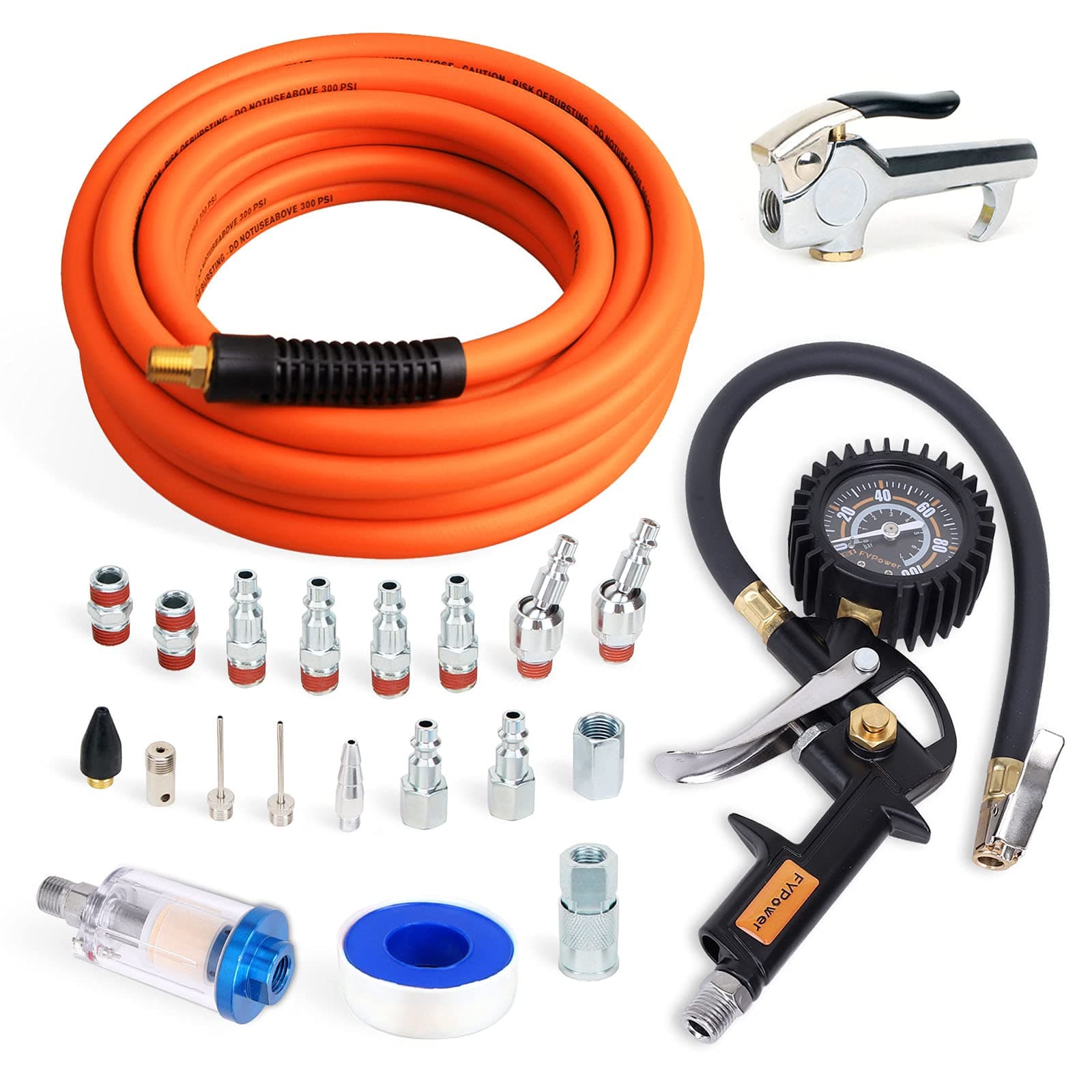 22 Pieces Air Compressor Accessories kit, 3/8 inch x 25 ft Hybrid Air Hose Kit, 1/4" NPT Quick Connect Air Fittings, Tire Inflator Gauge, Blow Gun, Air Filter, Swivel Plugs