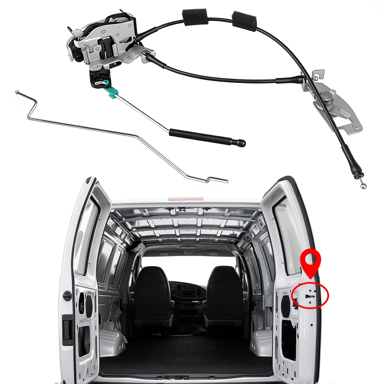 Rear Right Cargo Door Latch Assembly with Cable & Rod for 1992-2019 Ford E150 E250 E350 Econoline Van, Replace 6C2Z-15431A02-AA 8C2Z-15431A02-C AC2Z-15431A02-A, Passenger Side Door Lock Repair Kit