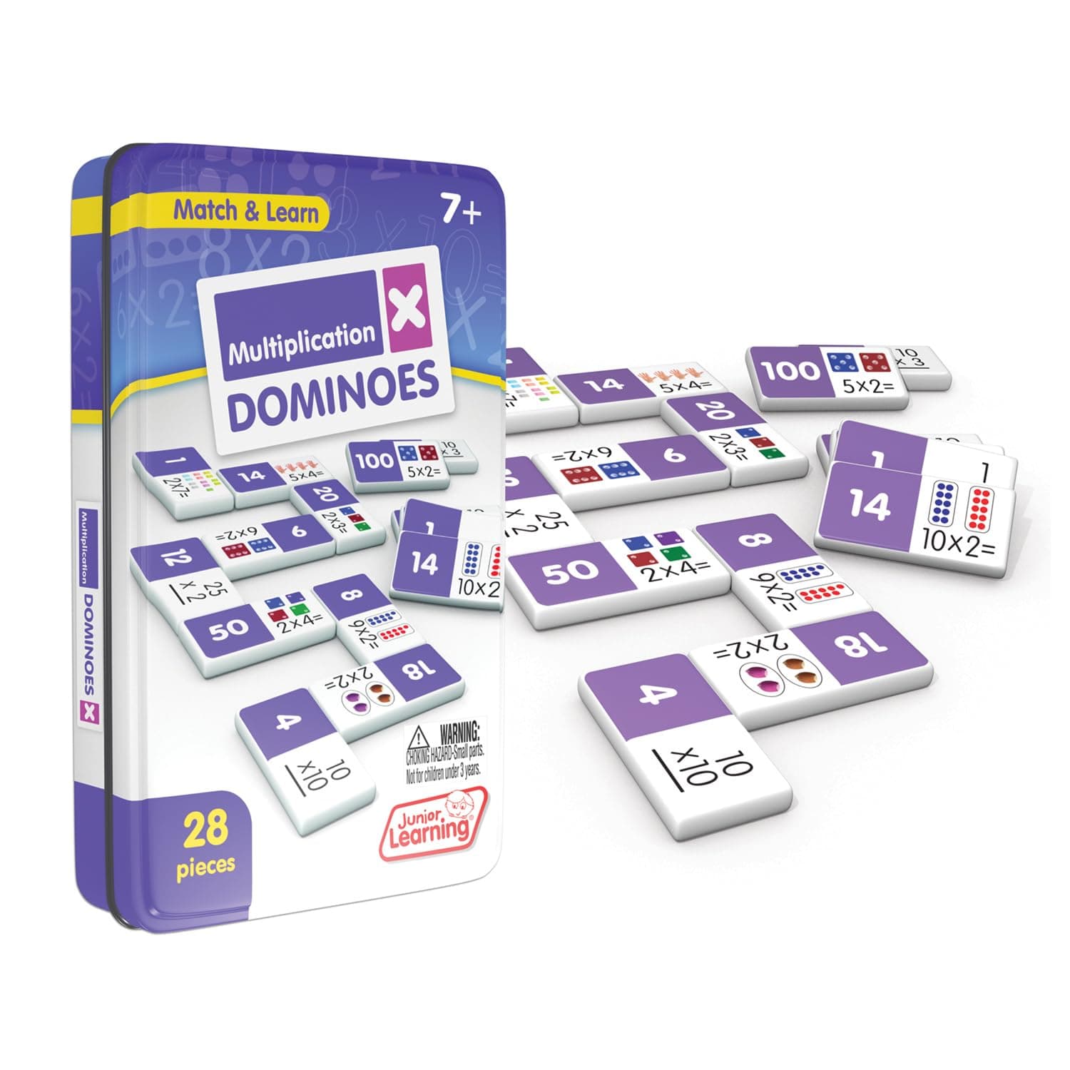 Junior Learning Multiplication Dominoes | Numeracy Match and Learn Game | 28 Pieces in a Durable Collectors Tin | 1-4 Players, Ages 7-9+, Year 3-4