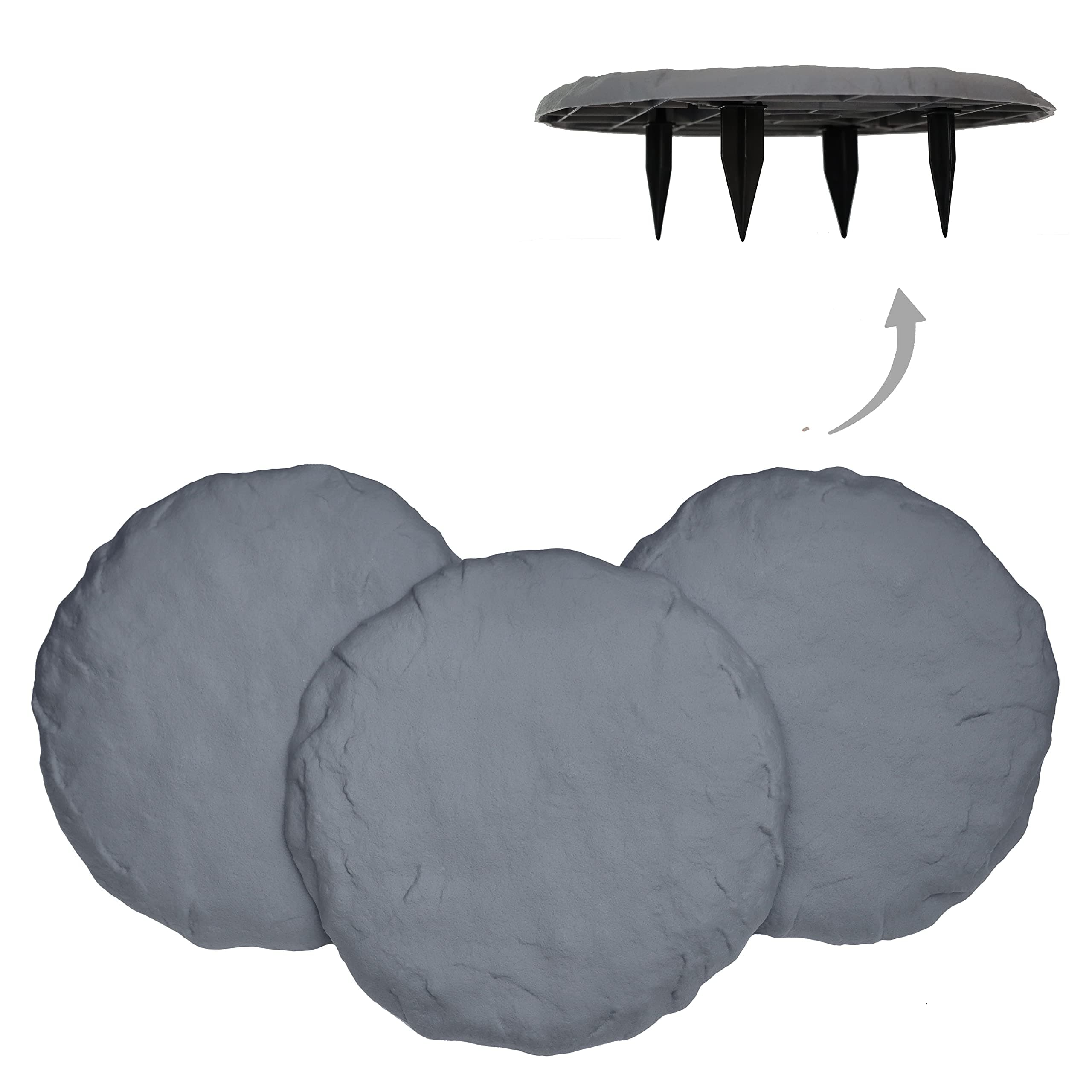 Ei Circular 15.5” Stepping Stones with Ground Stakes - Home or Garden Step Stones for Outdoor Walkway or Pathway Pavers - Resin Material (8, Light Grey Stone)