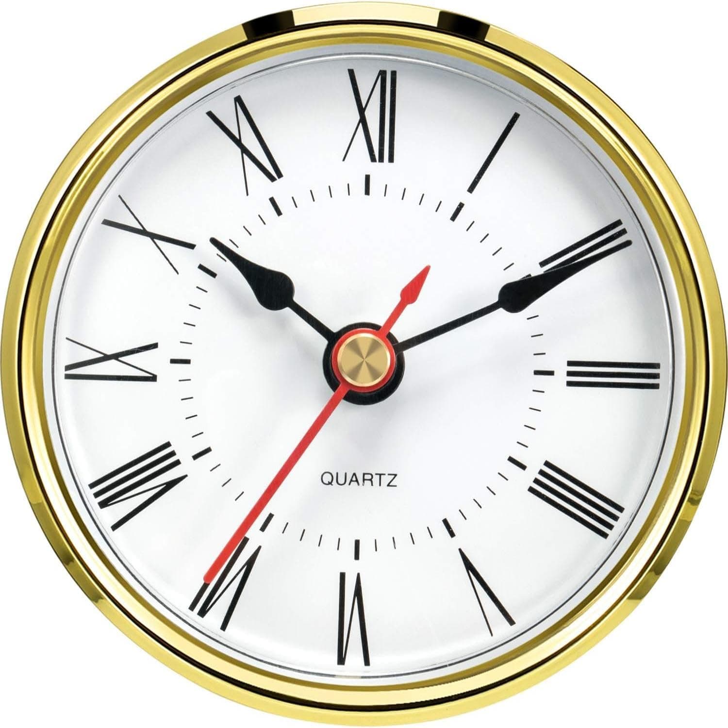 2.8 Inch/ 70 mm Round Quartz Clock Insert, Clock Movement Insert, Gold Trim, Red Second Hand, Roman Numeral, Quartz Movement