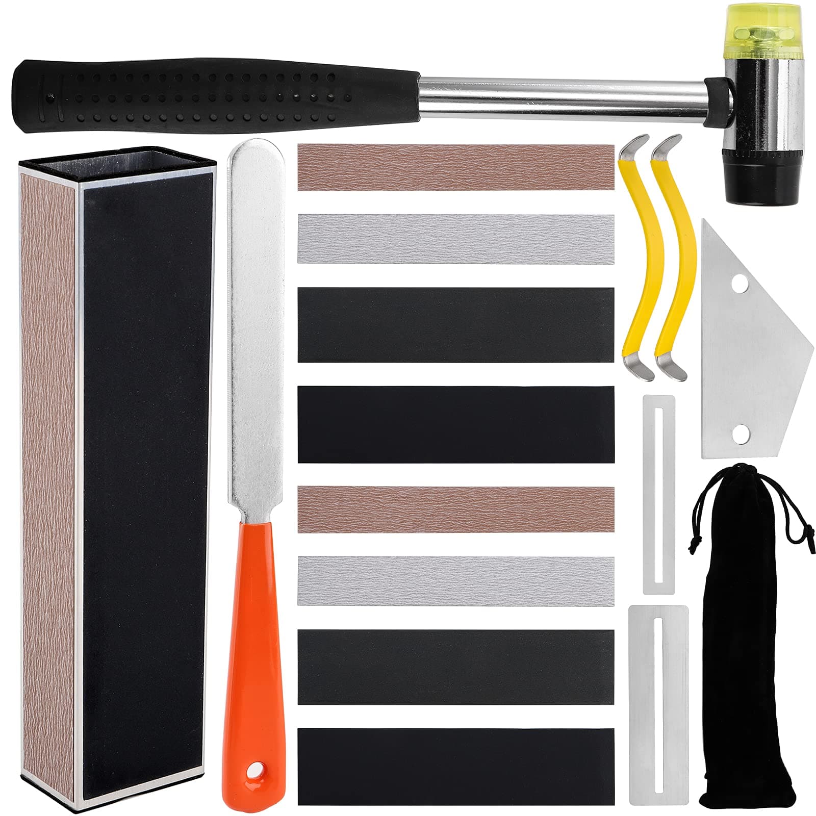 17 Pieces Guitar Luthier Tool Set, Including Fret Rubber Hammer, Fret Crowning File, Fret Leveling Beam Sanding Leveler Beam, Fret Rocker, Fingerboard Guards, String Spreaders