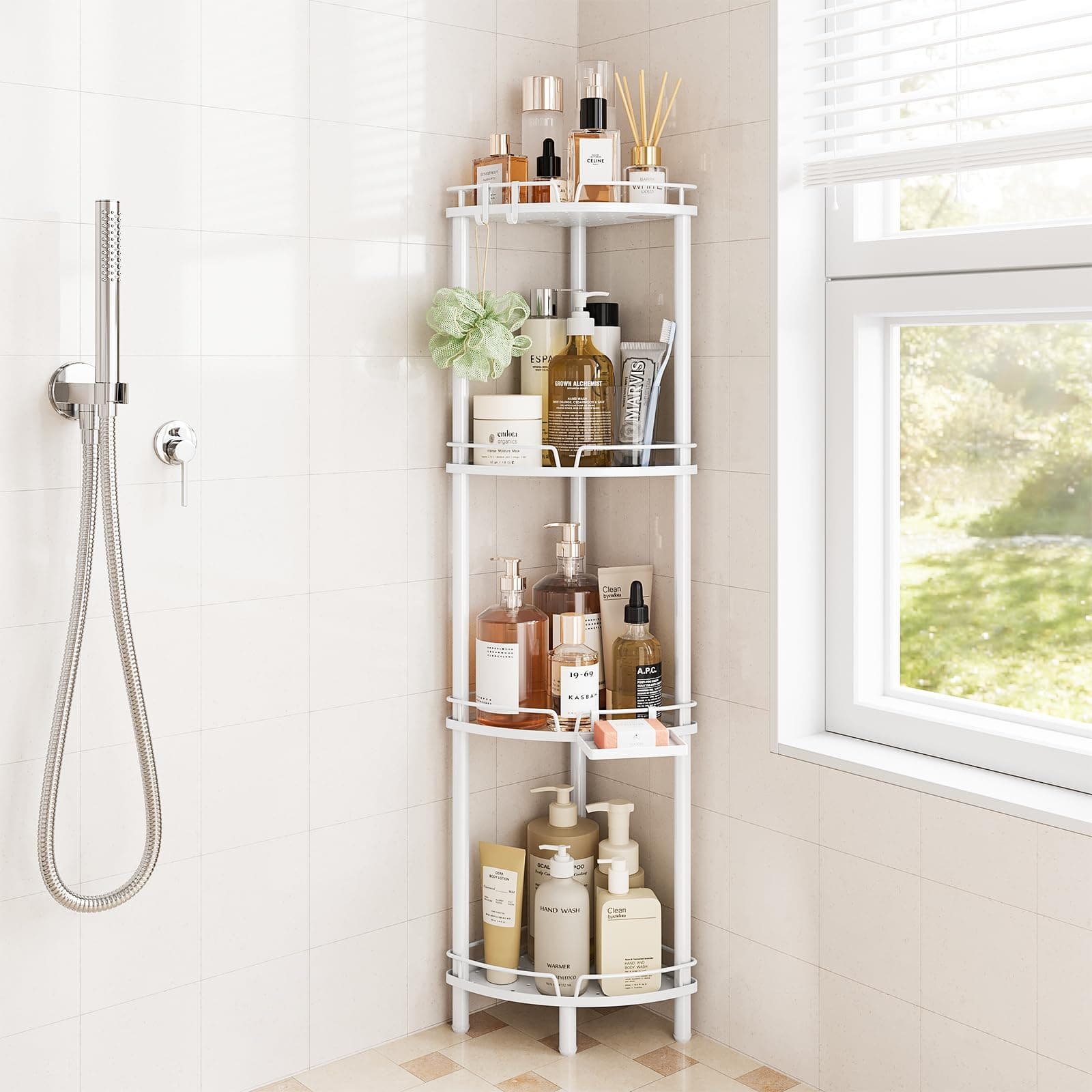 Corner Shower Caddy Standing, 4 Tier Rustproof Metal Shower Organizer with Soap Holder, Floor Shower Corner Shelf Rack Storage Stands with Adjustable Feet & 2 Hooks for Bathroom, White