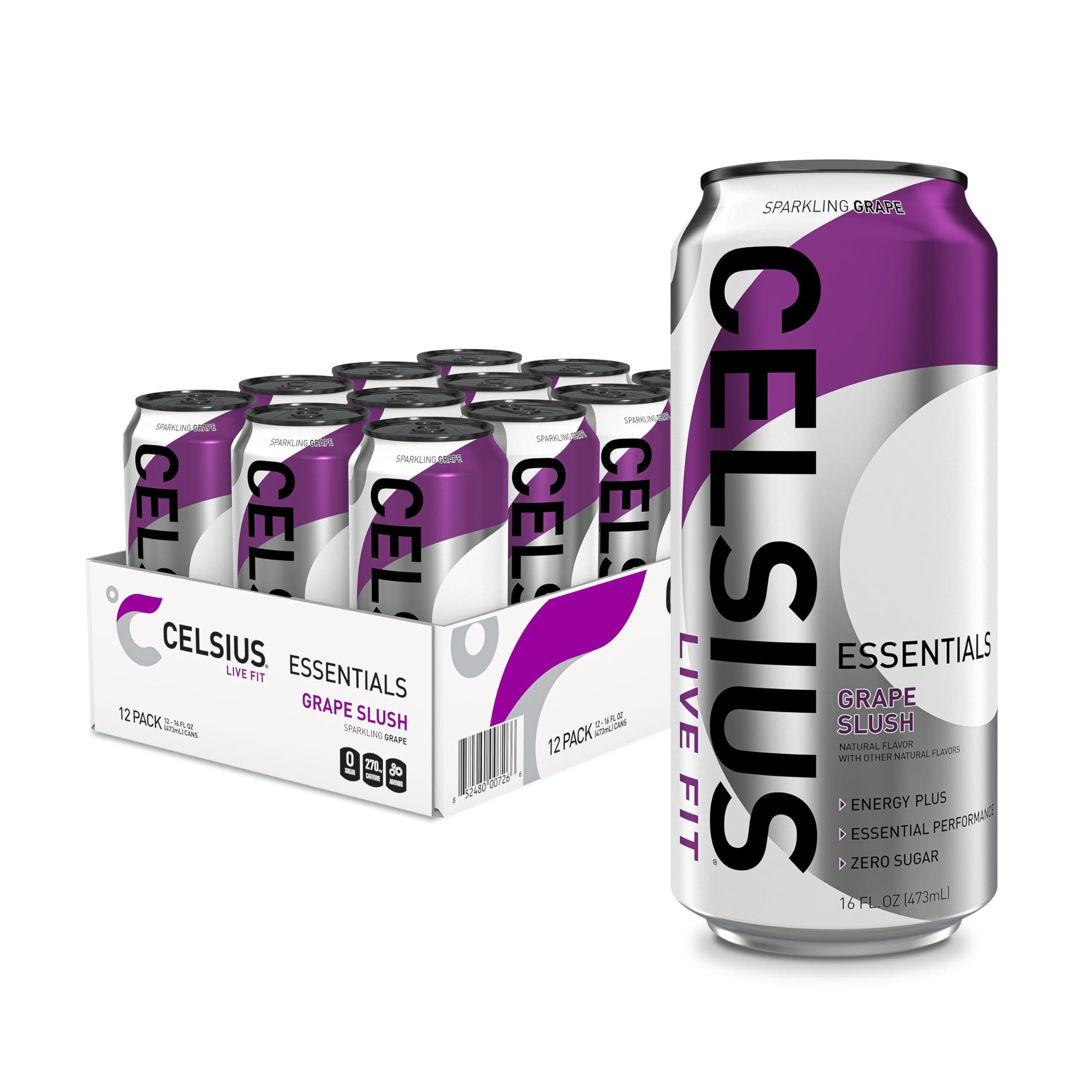 CELSIUS Essentials™ Sparkling Grape Slush, Sugar Free Performance Energy Drink, Can, 16 Fl Oz (Pack of 12)