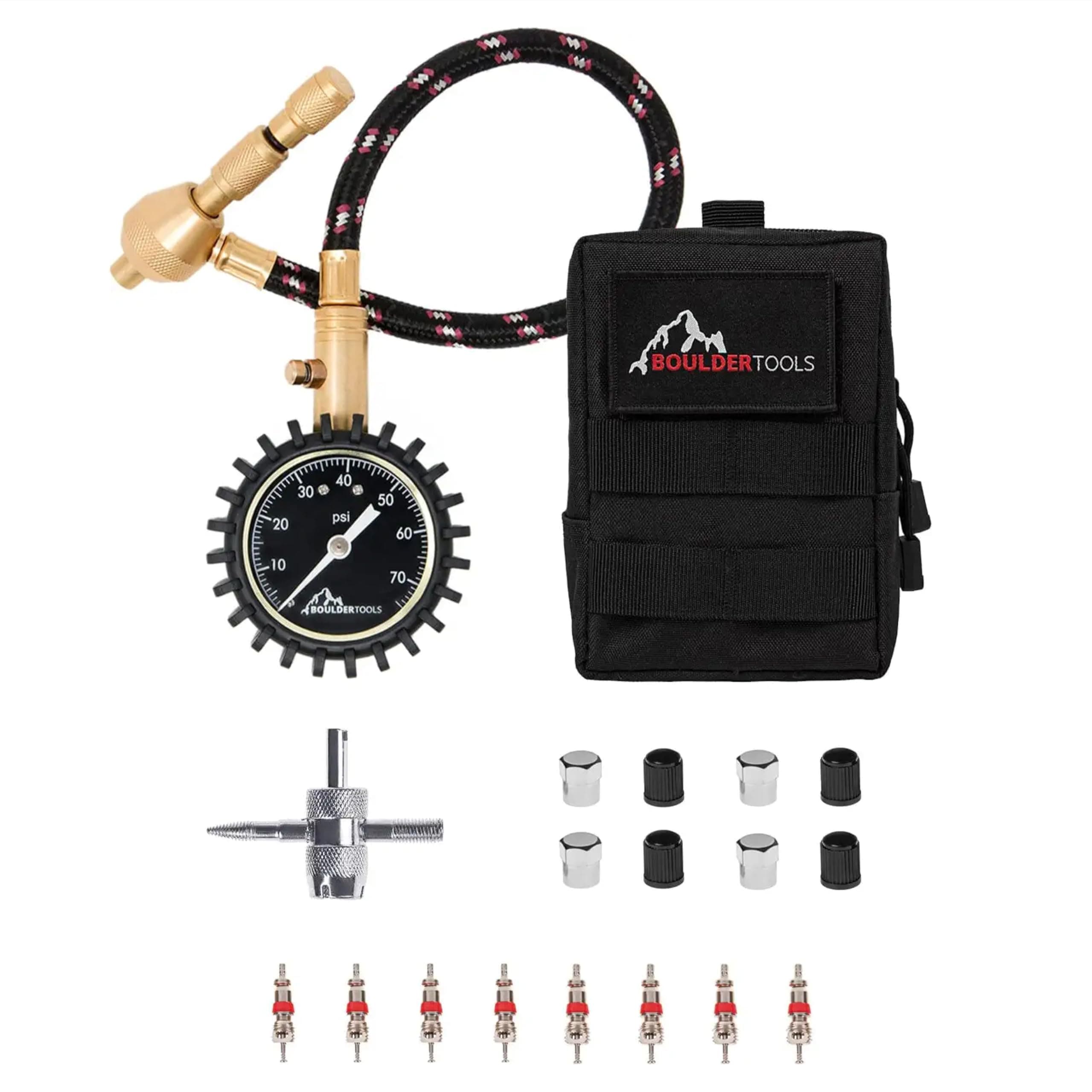 Heavy Duty Rapid Tire Deflator & Molle Pouch - Precision Release Button Air Down Offroad Kit - Glows in Dark, Bonus: Valve Caps, Cores, Repair Tool | Quickly Deflate 4x4 Off Road Tires