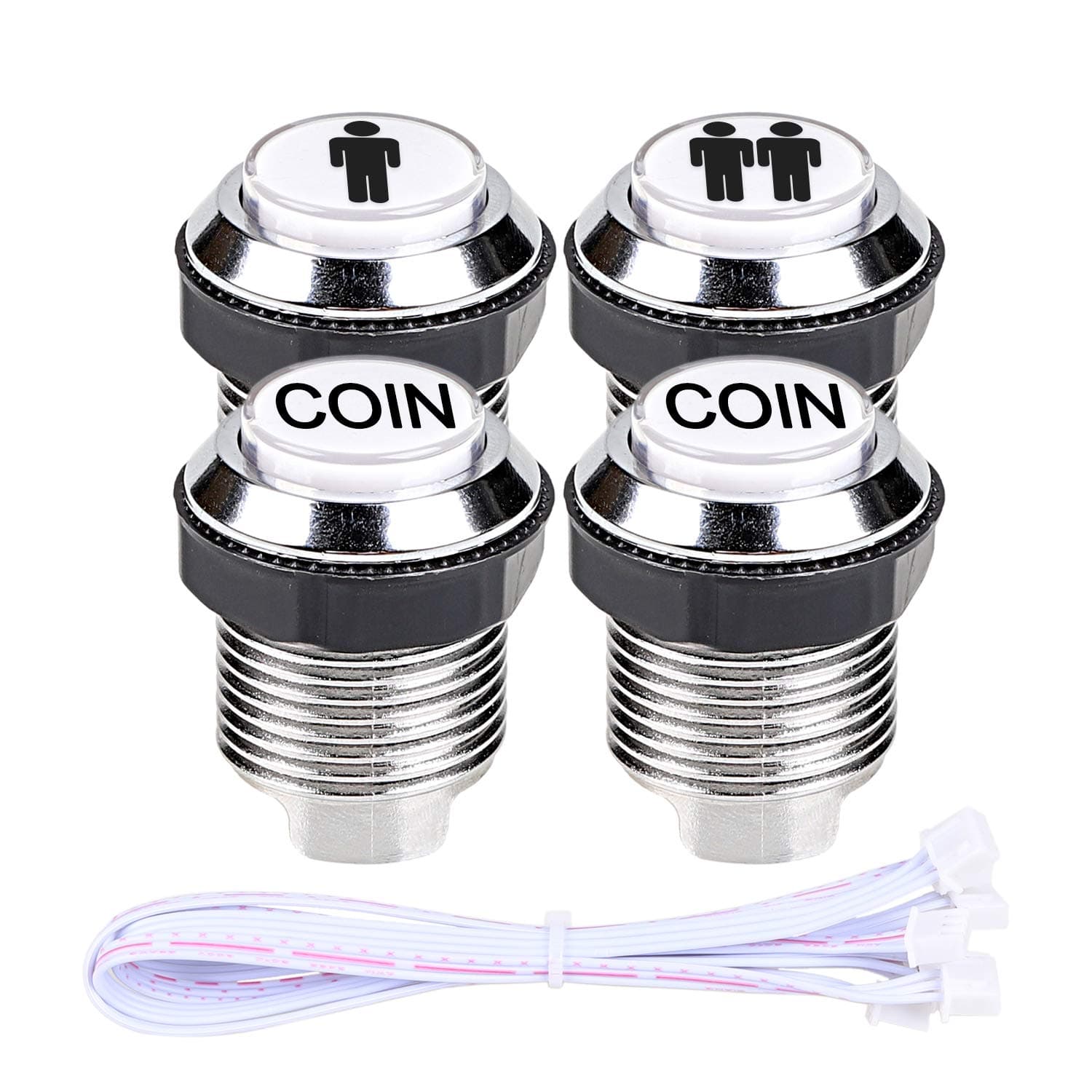 FosiyaArcade Buttons 4 Pcs/Lot 5V LED Illuminated Push Button 1P 2P Player Start Buttons 2X Coin Buttons + 3 Pin Cable for MAME/Jamma/Fighting Games/Arcade Video Games Consoles (Chrome White)