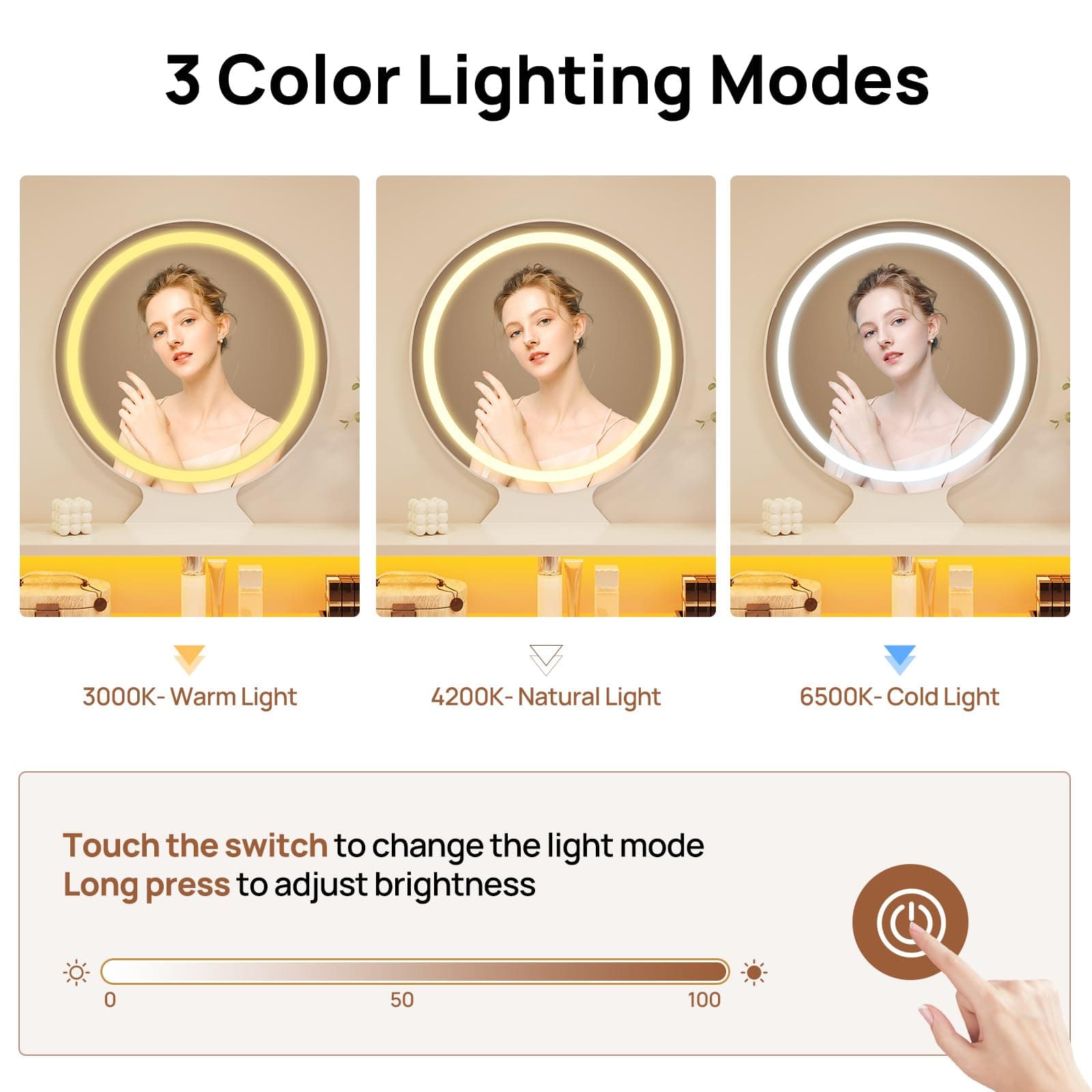 Seventable Vanity Desk with 4 Fabric Drawers, Vanity Table and Chair Set with Power Outlet & LED Strip, Makeup Table with 3 Adjustable Lighting Modes, White Silver