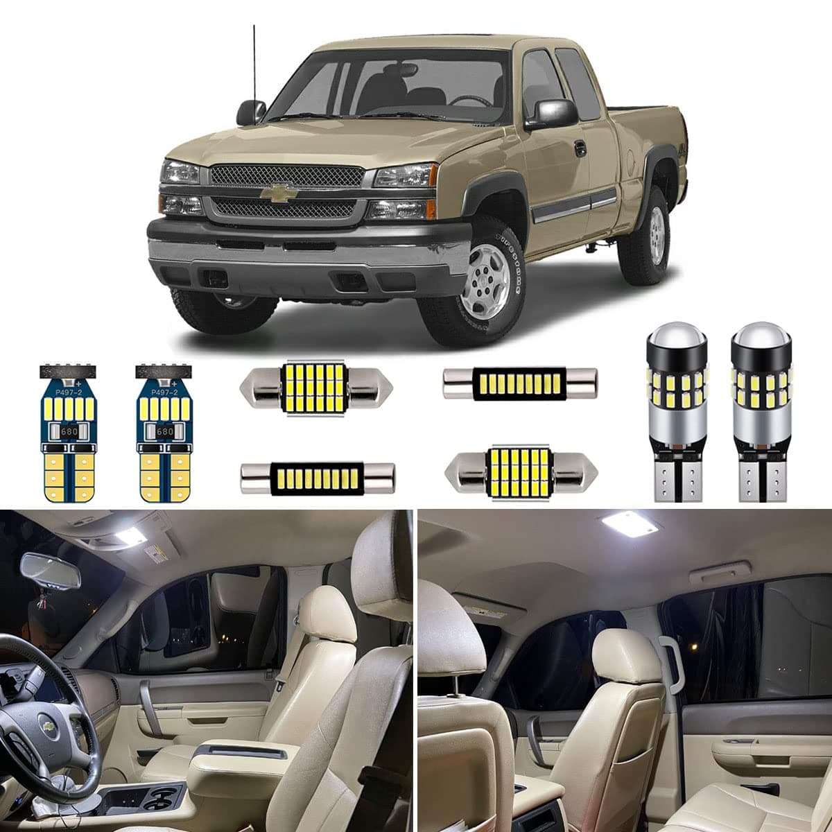 12 Piece White Interior LED Lights Kit for Chevrolet Chevy Silverado/GMC Sierra 1999 2000 2001 2002 2003 2004 2005 2006 Super Bright 6000K Interior LED Light Bulbs Package + Install Tool