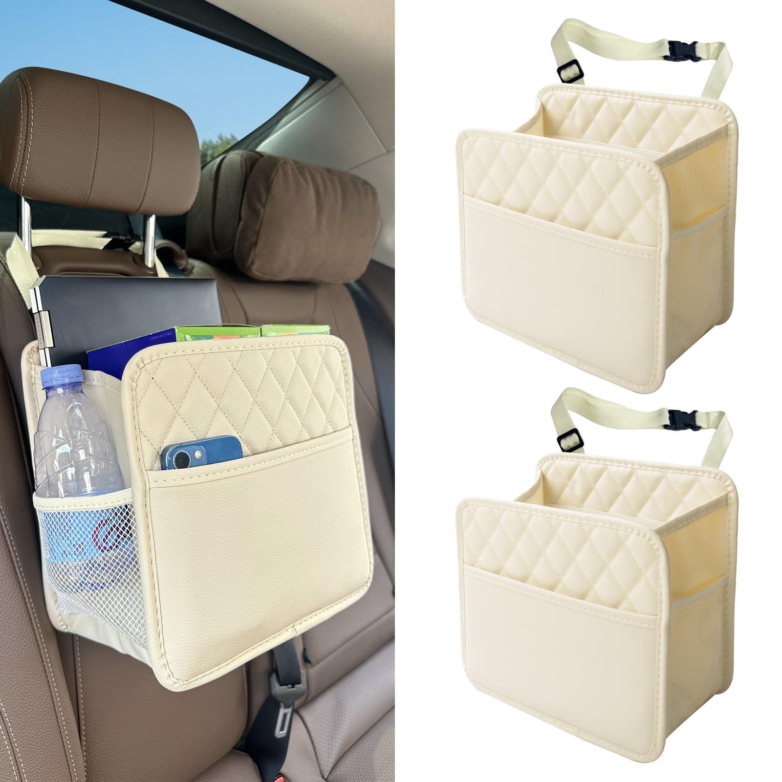 2 Pack Upgraded Car Seat Organizer Backseat with Storage Pockets, Multipurpose Car Organizer Hanging Car Trash Bag Premium PU Leather Garbage Can 2.14 Gallon Large Capacity Accessories Beige