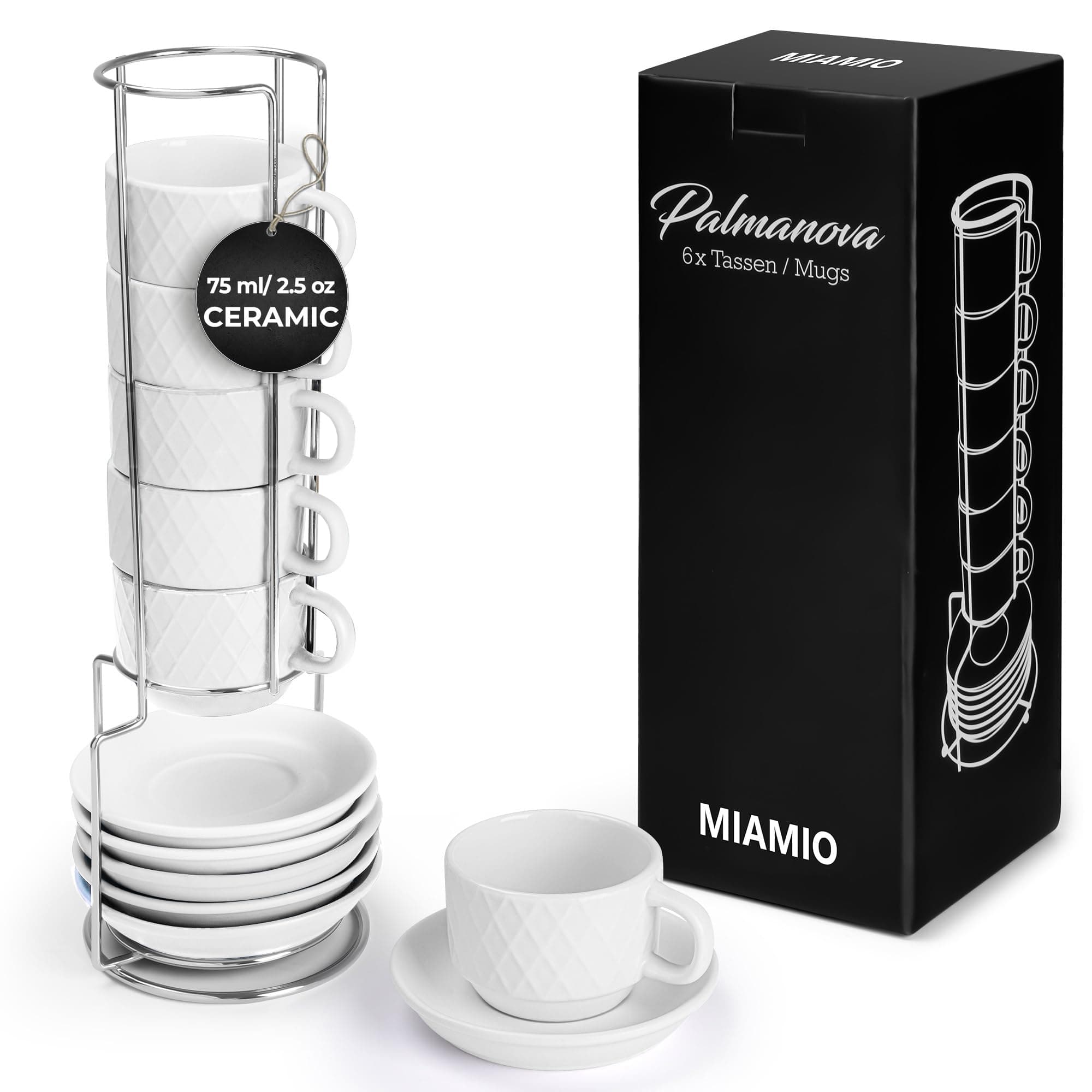 MIAMIO - 6 x 75 ml Espresso Cup Set with Stand Stoneware Ceramic – Small Cups for Espresso – Modern Cup Set in White – Palmanova Collection, Dishwasher Safe