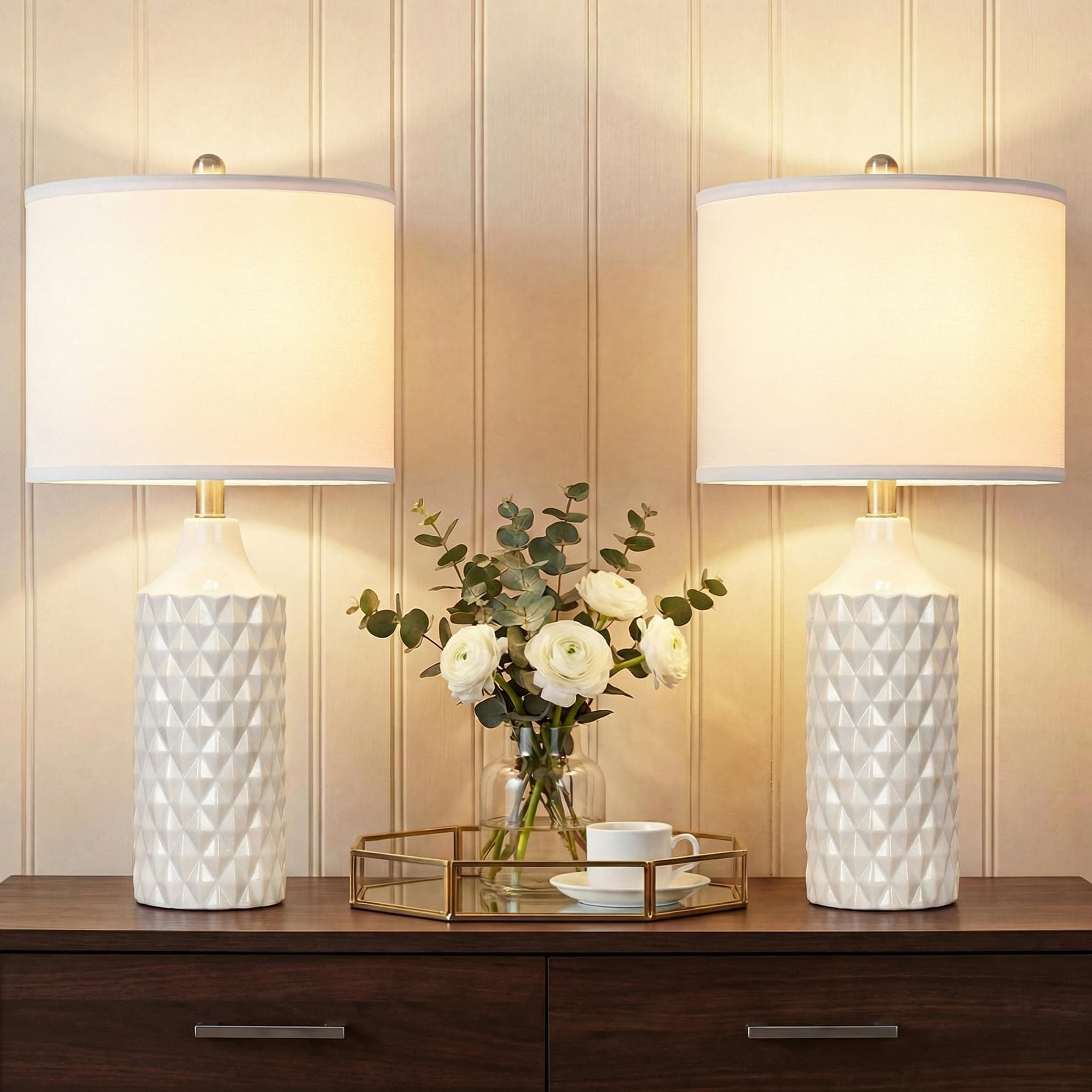 Ceramic Table Lamps Set of 2, White Modern Bedside 25" Nightstand Lamp 3-Way Dimmable Lamp for Bedroom Living Room Farmhouse, Side Table Lamp, Bulbs Included