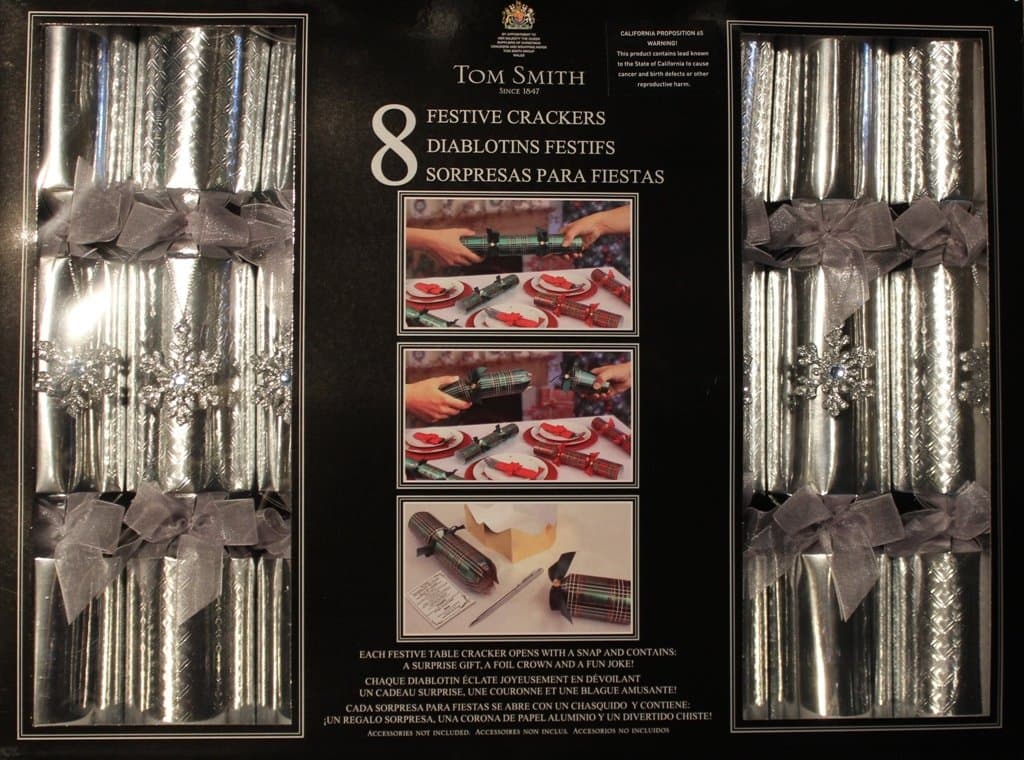 Tom Smith -Festive Silver Holiday Crackers - Pack of 8 - 13-1/2" x 2" -Each Containing a surprise gift, a foil crown and a fun joke!