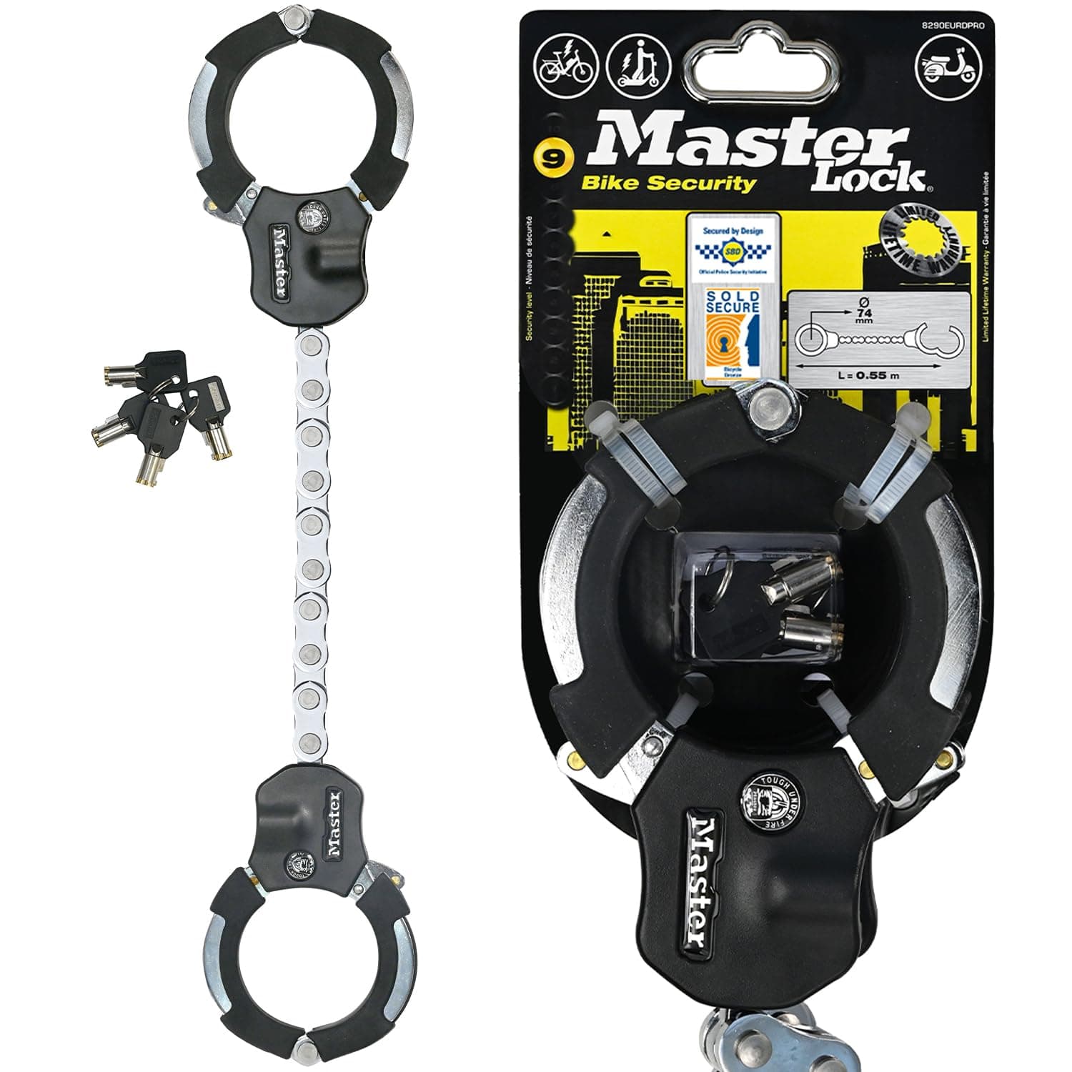 Master Lock Police Approved Bike Lock and E-Scooter Lock, Hardened Laminated Steel, 4 Keys, 550 x 76 x 27 mm, for e Bike Scooter Quad