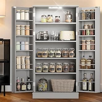 LED Kitchen Pantry Storage Cabinets - 50 Inch FreeStanding Food Cabinet, Buffet Cupboards with 2 Doors and Shelves Adjustable for Small Space in Dinning Room, Living Room, in Grey