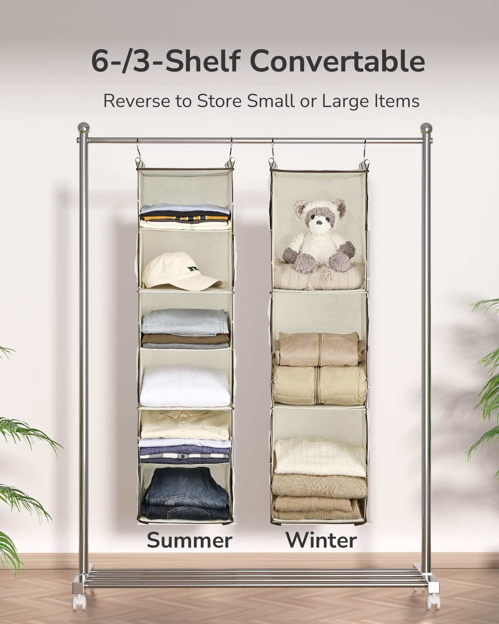 ULG 1 PC Hanging Closet Organizer, 3-in-1 to 6-in-1 Reversible Cloth Hanging Shelves with 6 Side Pockets & 2 Removable Drawers for Wardrobe Clothes Sweater Storage, Foldable, Ivory, Inseparable