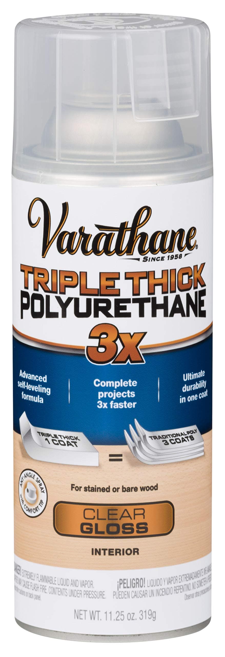 Varathane Triple Thick Polyurethane Clear Wood Finish Spray | Self-Leveling Formula | Scratch and Stain Resistance | Durability in One Coat | Gloss | 11.25 oz