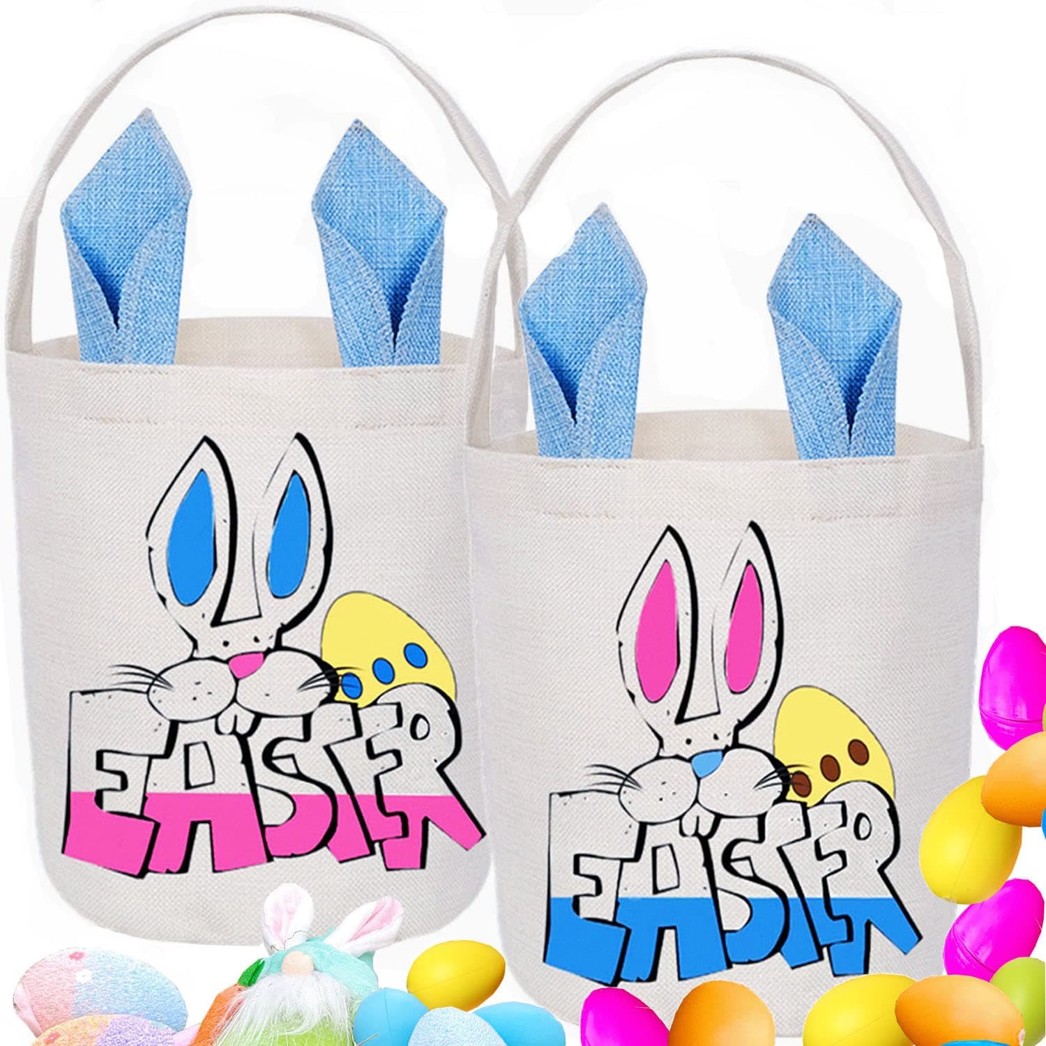 QHZHANG Easter egg bunny Basket bag-Bunny Ear Hunt Basket Egg Canvas Cotton Bags-Easter children's party decoration candy, eggs, bunny gift toy bucket tote bag (blue)