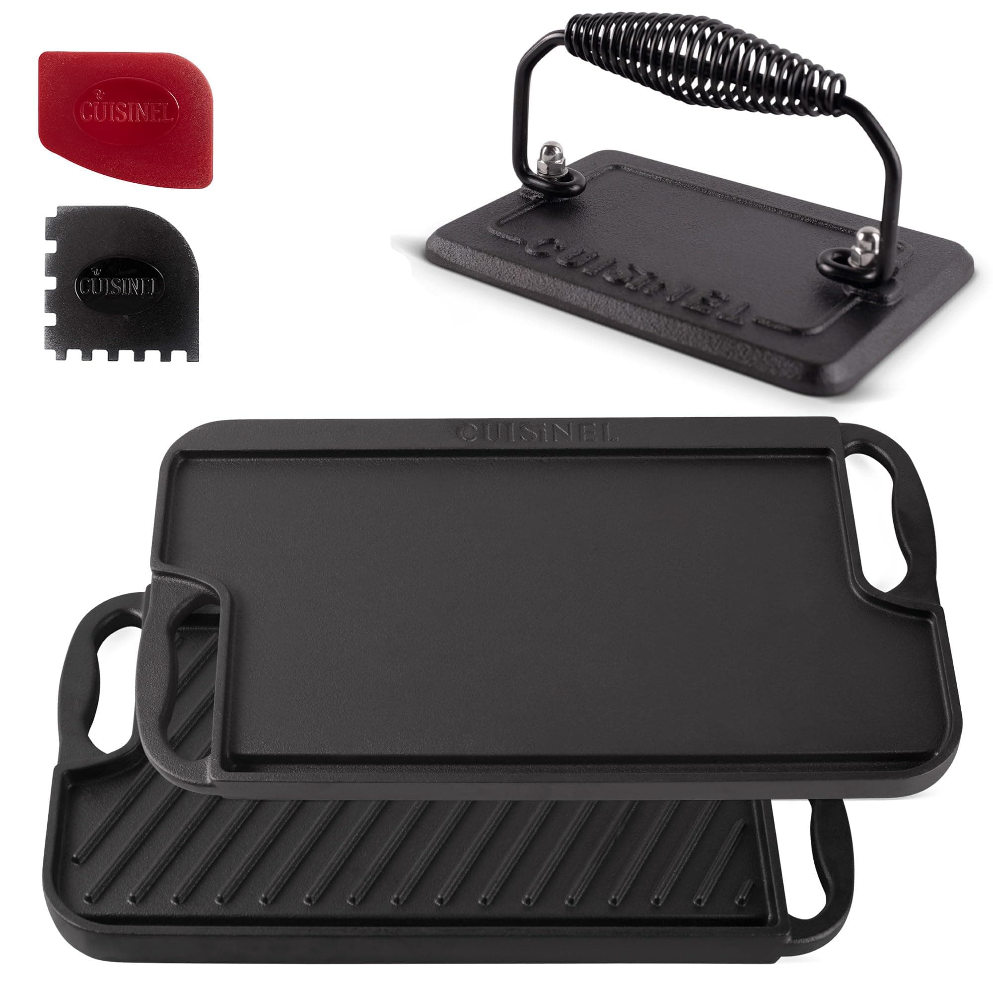 Cast Iron Griddle/Grill + Burger Press + Pan Scrapers - Reversible Pre-Seasoned 16.75" X 9.5"-inch Dual Handle Flat Skillet and Griller Pan + Cleaning Accessories - Use Indoor/Outdoor Stove