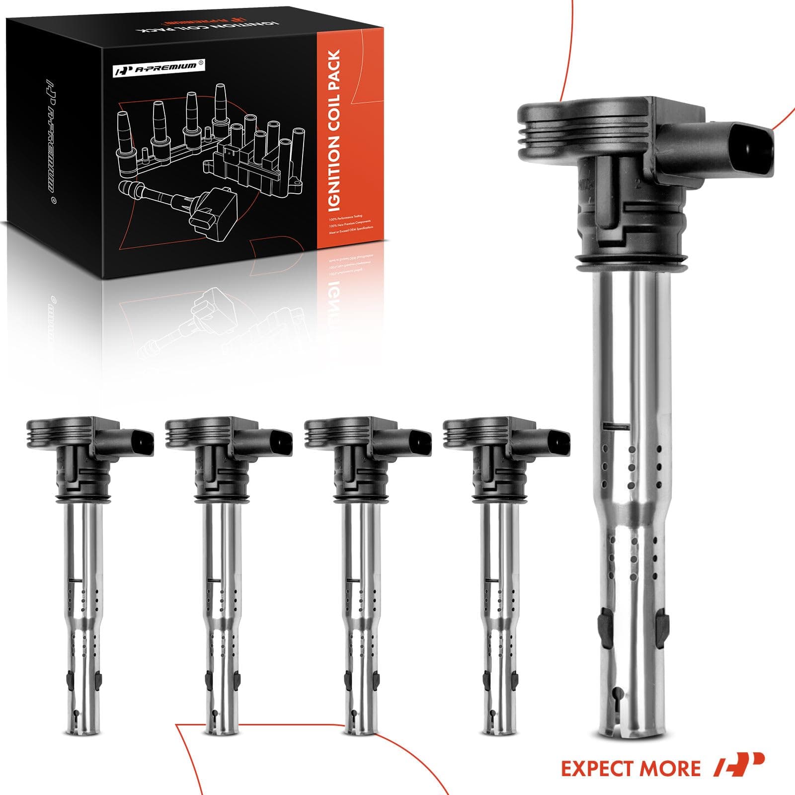 A-Premium Ignition Coil Pack Set of 5 Compatible with Audi A3 2004-2013 A4 2005-2016 Volkswagen Jetta 2005-2015 Tiguan 2009-2017 L4 2.0L 2.5L