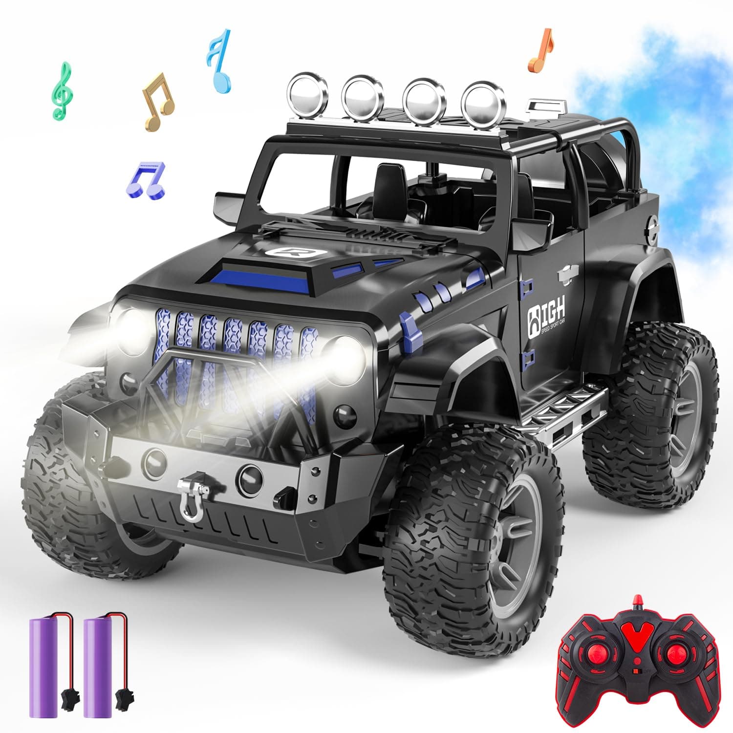 1:16 Remote Control Car with Spray, Lights and Sound, 2.4GHz Remote Control Jeep for Kids, All Terrain Off-Road Jeep RC Car Toys Gift for Boys and Girls