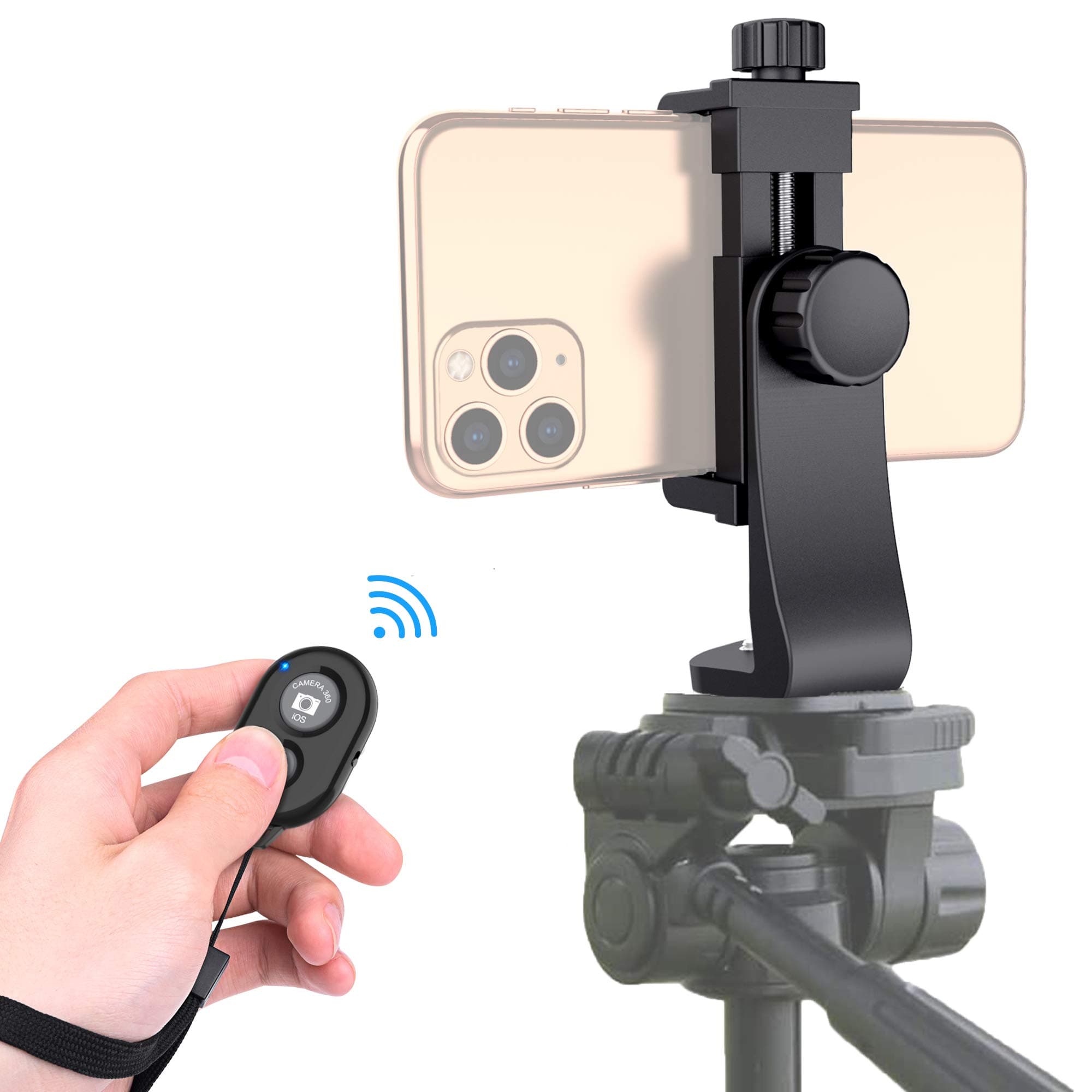 Universal Phone Tripod Mount Adapter with Wireless Camera Remote , Cell Phone Holder with Adjustable Clamp for Selfie Stick Monopod Compatible with iPhone, Samsung and so on , Wrist Strap Included