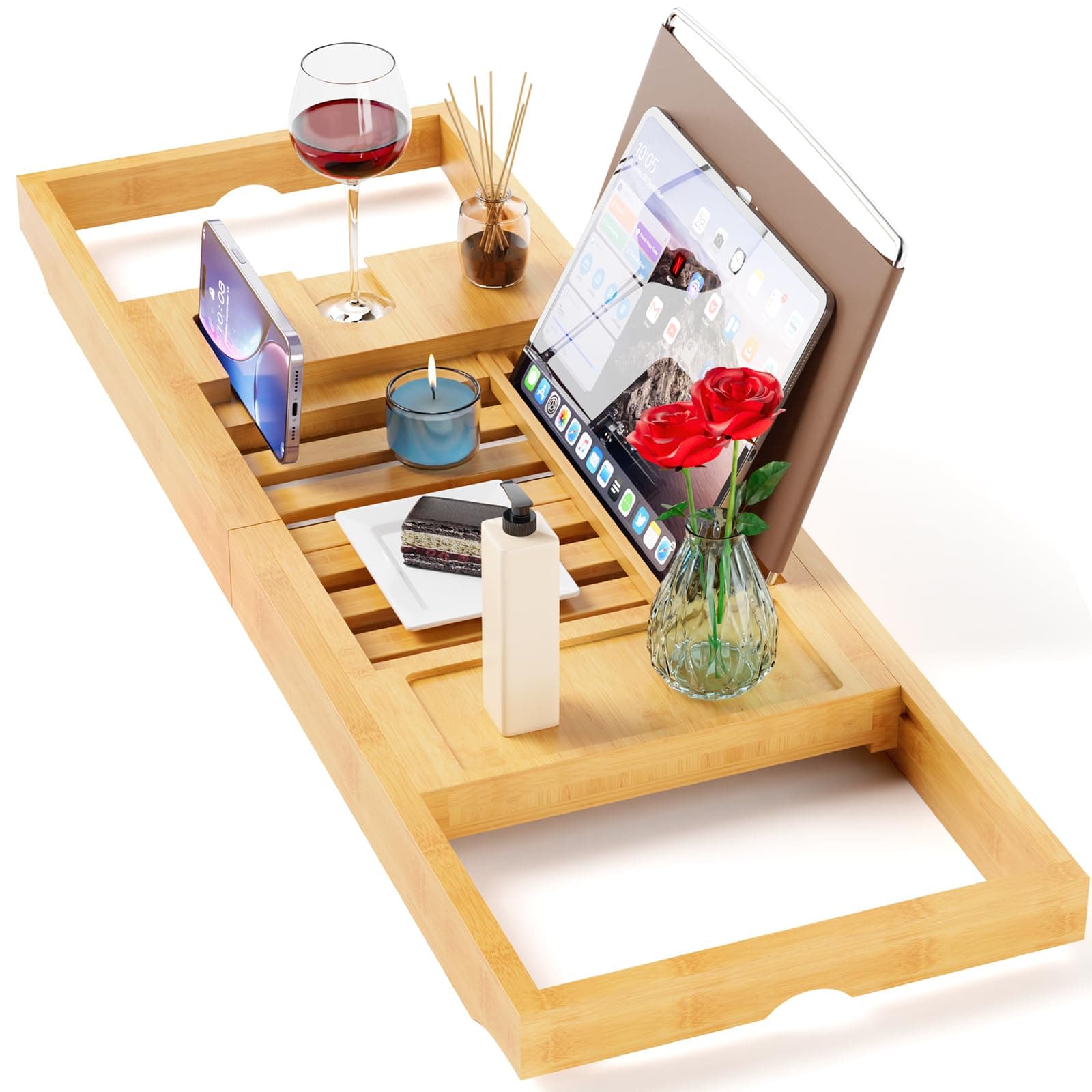 Yirilan Bamboo Bath Tray, Expandable 1 or 2 Person Wooden Bathtub Tray, Luxury Bath Tray, Extendable Bathtub Board, Fabric Bamboo