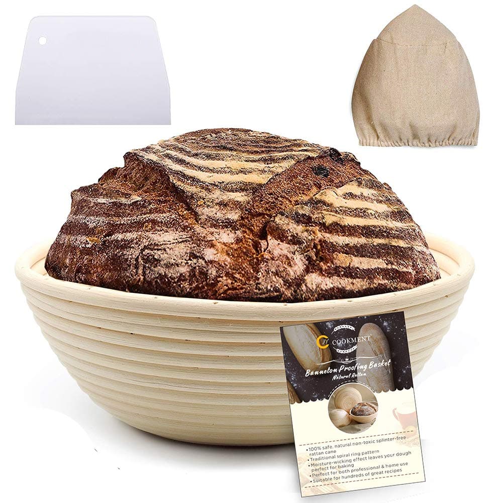 9 Inch Banneton Proofing Basket Set - Bread Proofing Basket + Linen Liner Cloth + Dough Scraper for Professional & Home Bakers-Rising Round Crispy Crust Baked Bread Making Dough Loaf Boules