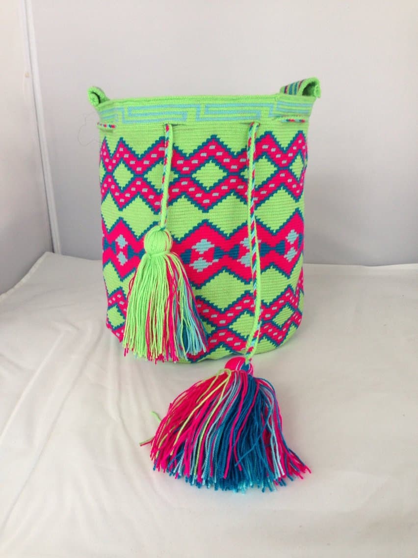 Green and Pink Single Thread Wayuu Mochila Bag