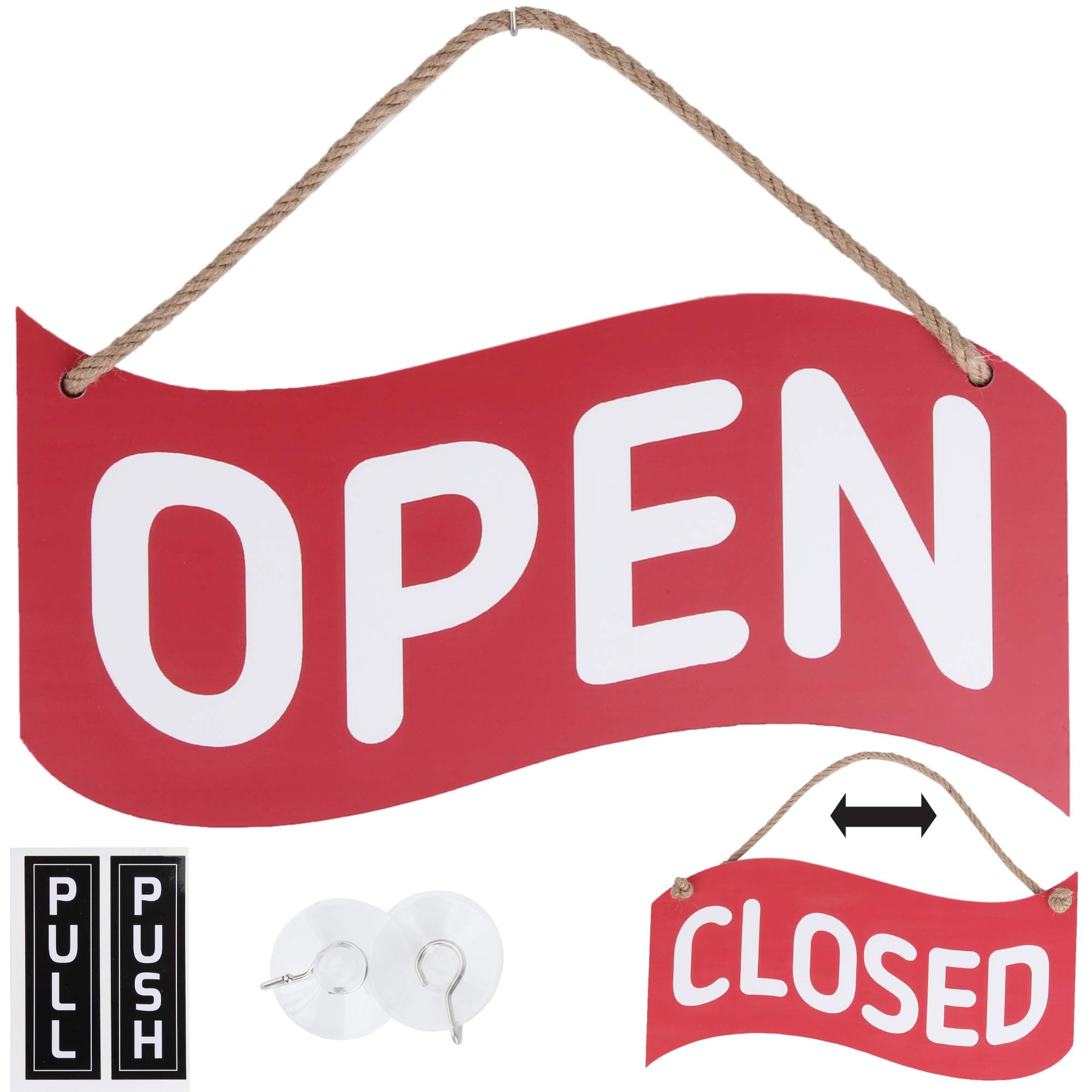 Open Closed Sign for Business – Bundle with 2 Suction Cup, Pull and Push Stickers - Red/Blue Double-Sided Open Signs for business is the Ideal for Restaurant Stores Bar Windows or Doors (Red)