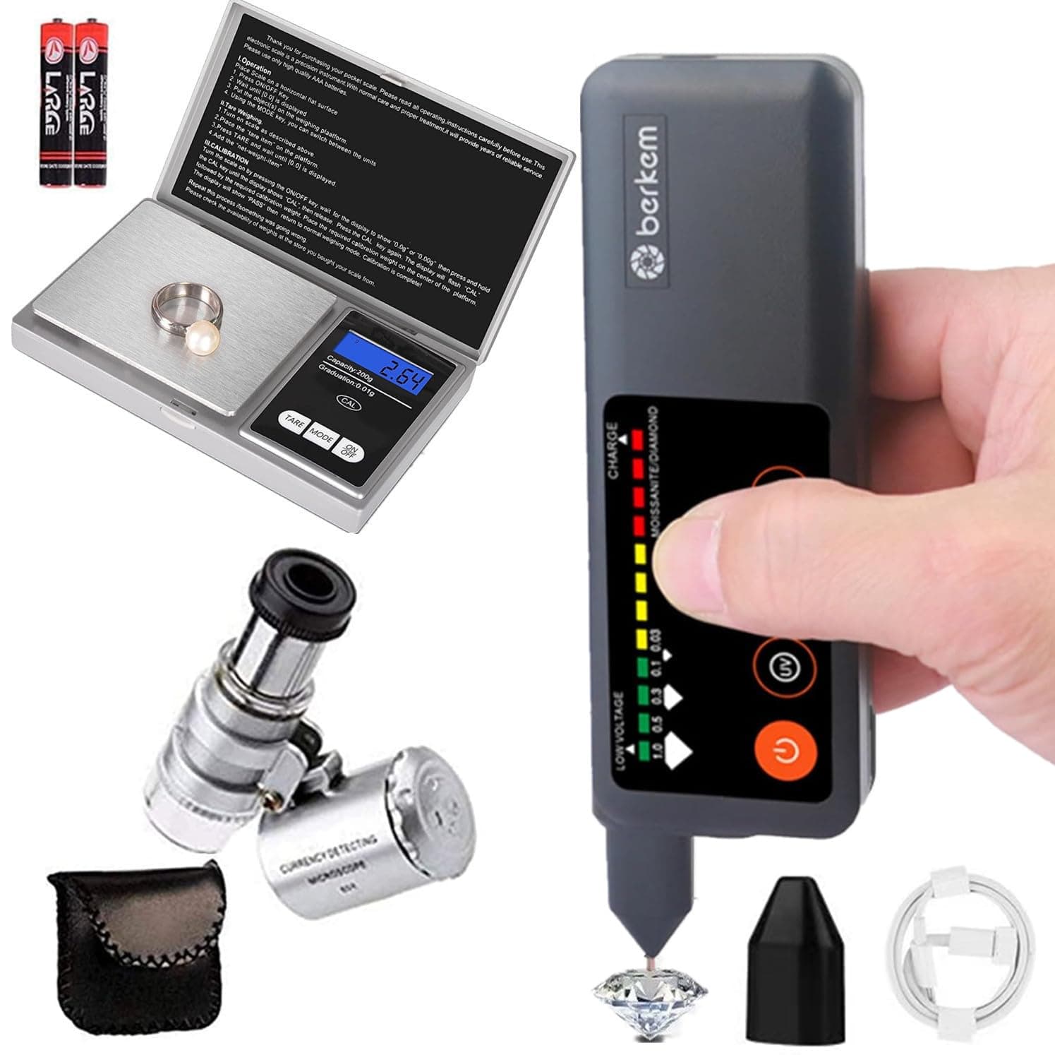 Rechargeable Professional Diamond Tester Pen with UV Light,Rechargeable Diamond Tester Pen+200g/0.01g Mini Jewelry Scale+60X Mini LED Magnifying,Professional Diamond for Novice and Expert