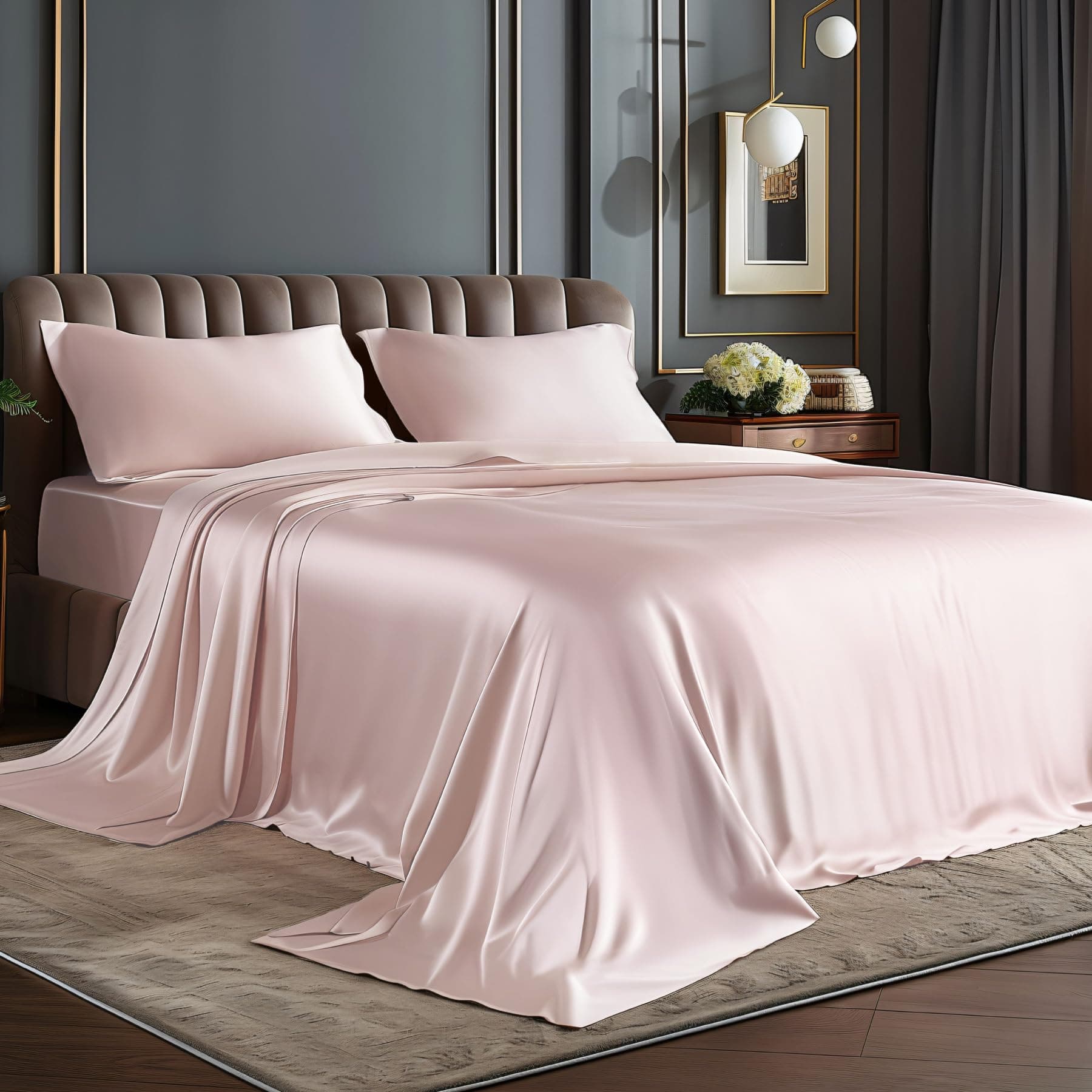 BEDELITE California King Sheets Set, Luxury Soft Pink Satin Sheets for Hair and Skin, Similar to Silk Bed Sheets Set 4 Pieces with 1 Deep Pocket Fitted Sheet, 1 Flat Sheet, and 2 Pillowcases