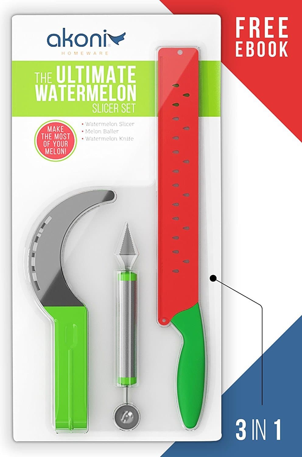 Three-piece Watermelon Slicer And Server Set including Huge Knife And Portion Cutter Plus Baller And Sculptor For Tasty & Attractive Watermelons - Free eBook Guide