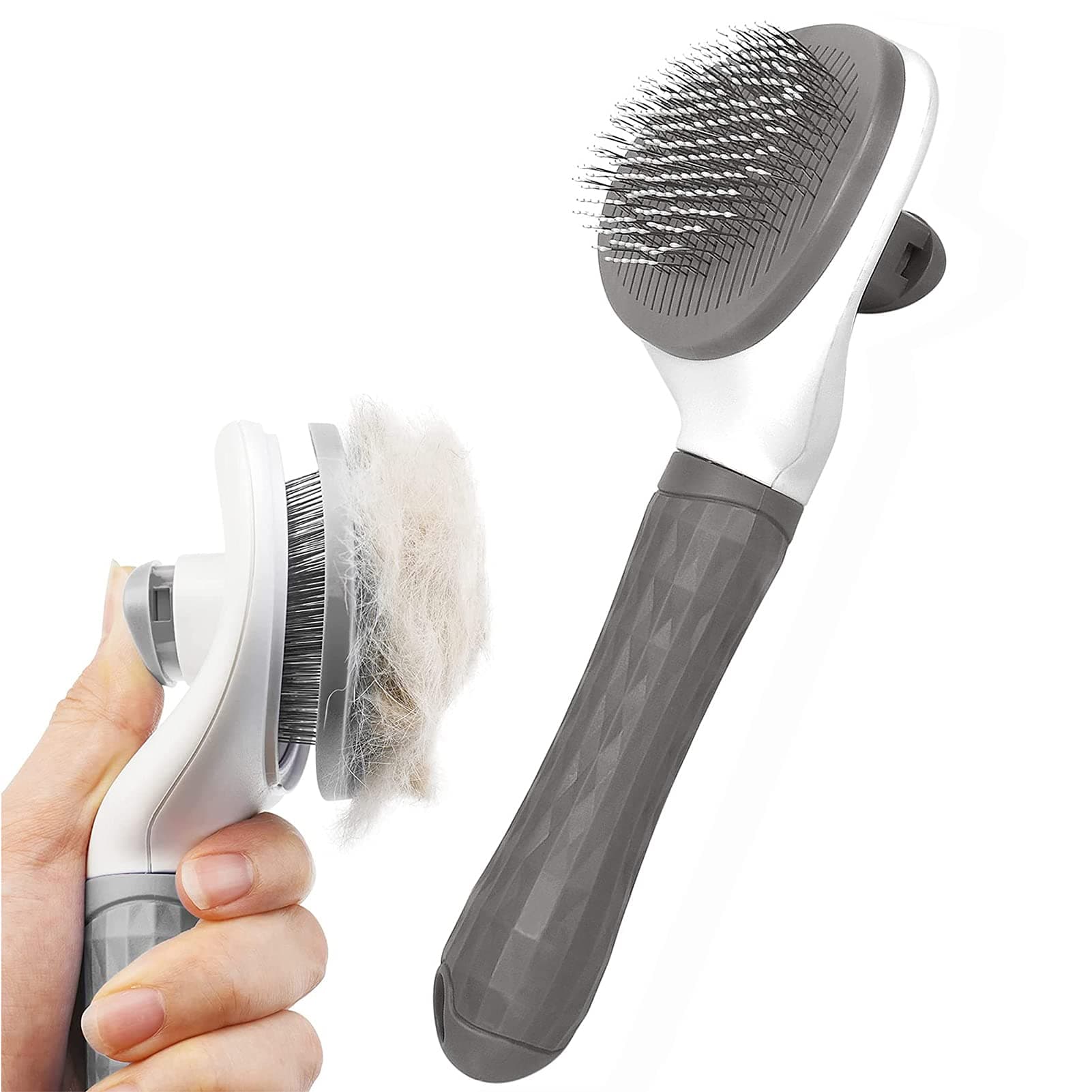 Dog/Cat Brush Grooming Comb,Self Cleaning Slicker Brushes with Smooth handle,Pet Grooming Tool with Cleaning Button for Cat Dog Shedding Tools Massage Clean Tangled Brush(Grey)