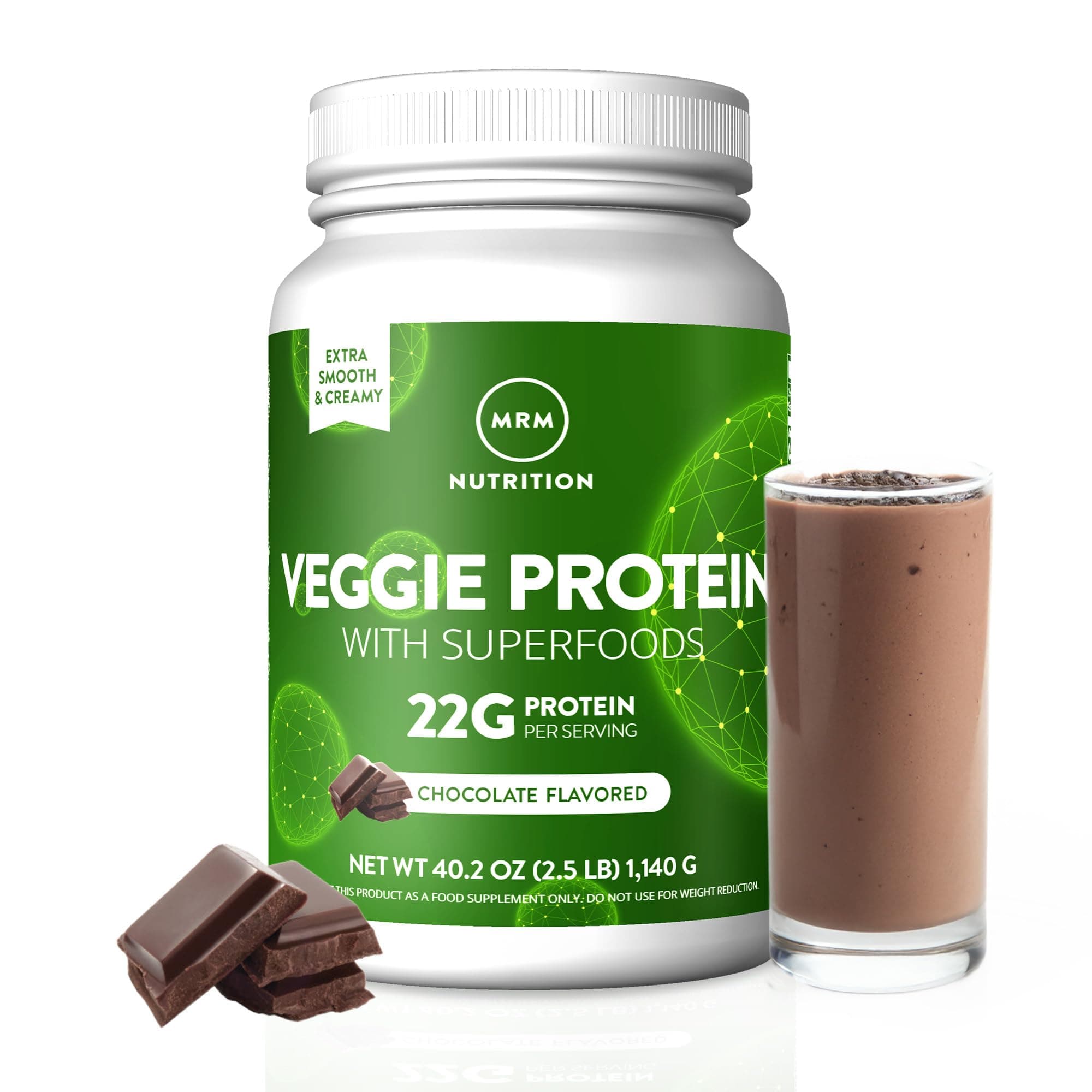 MRM Nutrition Veggie Protein with Superfoods - Chocolate Flavored Protein Powder for Women & Men, 22g of Vegan Protein, Amino Acids & Digestive Enzymes, Gluten & Dairy Free - 31 Servings