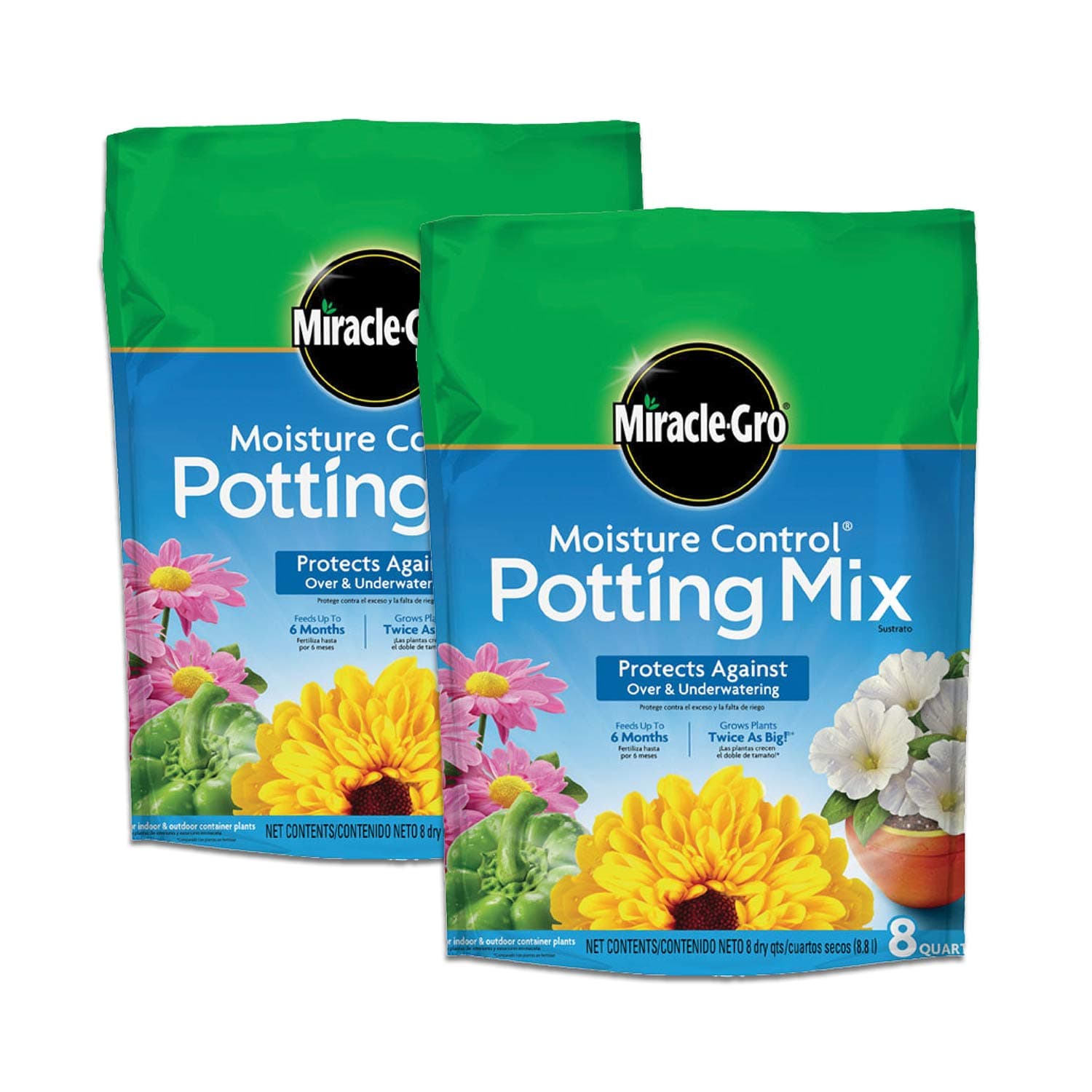 Miracle-Gro Moisture Control Potting Mix - Plant Soil For Container Plants, Protects against Over- and Under-Watering, 8 qt. (2-Pack)