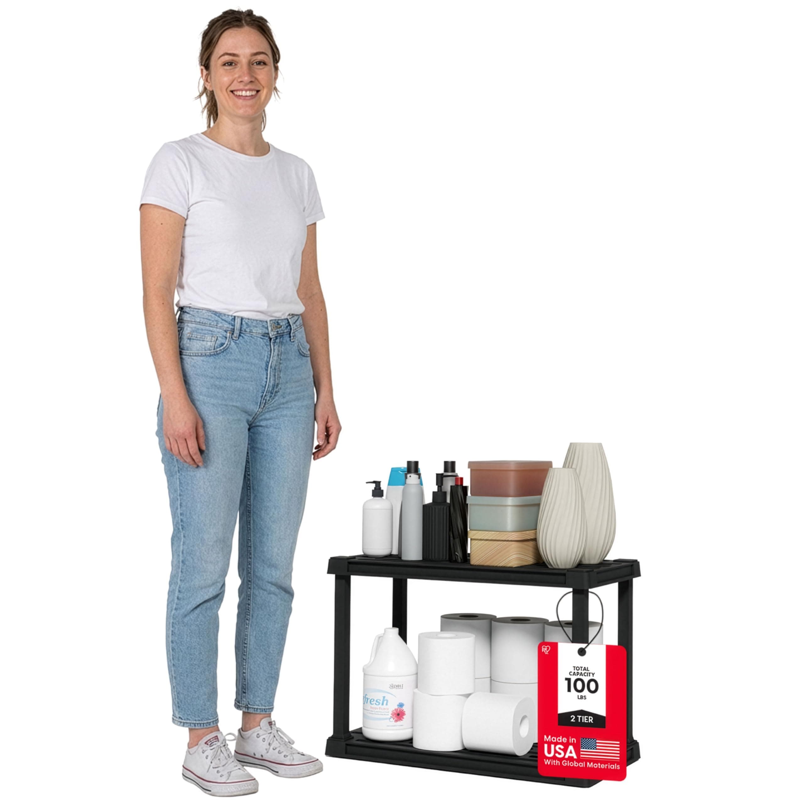 IRIS USA 2-Shelf Light Duty Plastic Storage Shelves, 100lb Capacity, 17" H x 24" W x 12" D, Medium Modular Shelving Unit Storage Organizer for Bathroom, Laundry, Garage & Home, Storage Rack - Black