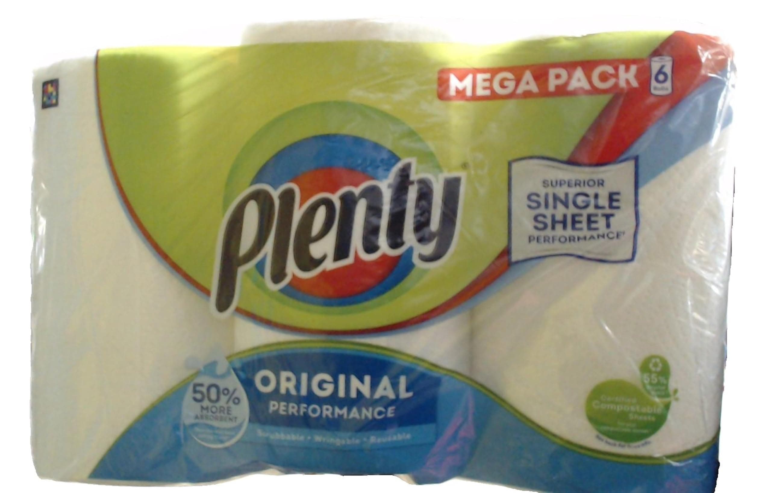 PLENTY Kitchen Towel, 6 White Rolls, 600 Sheets of Kitchen Roll, 2-Ply Tissue