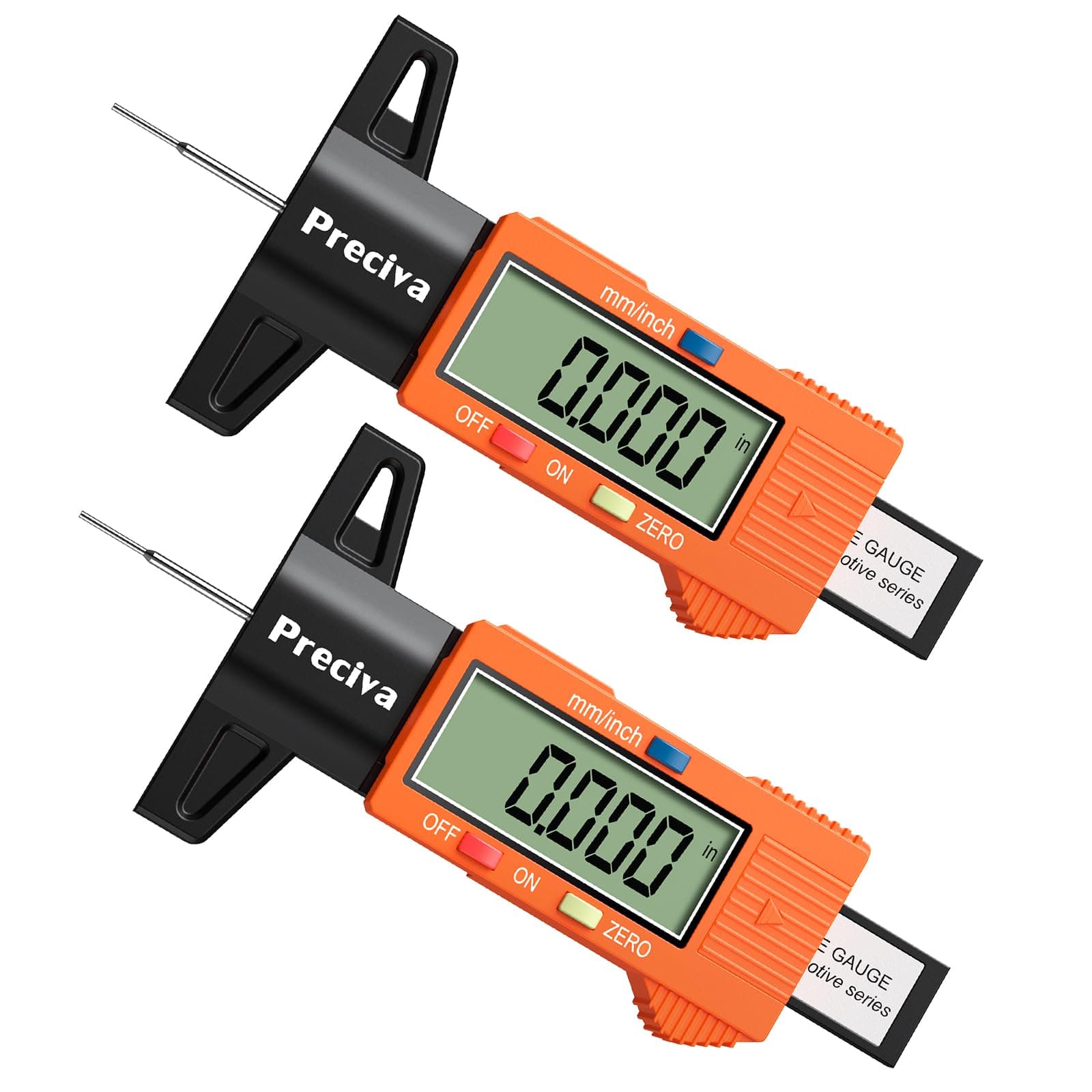 Preciva 2pcs Tyre Tread Depth Gauge, 0-25.4 mm/Inch Digital Precision Tire Surface Checker UK Measuring Tool with Large LCD Screen for Cars, Trucks, Motos, Orange