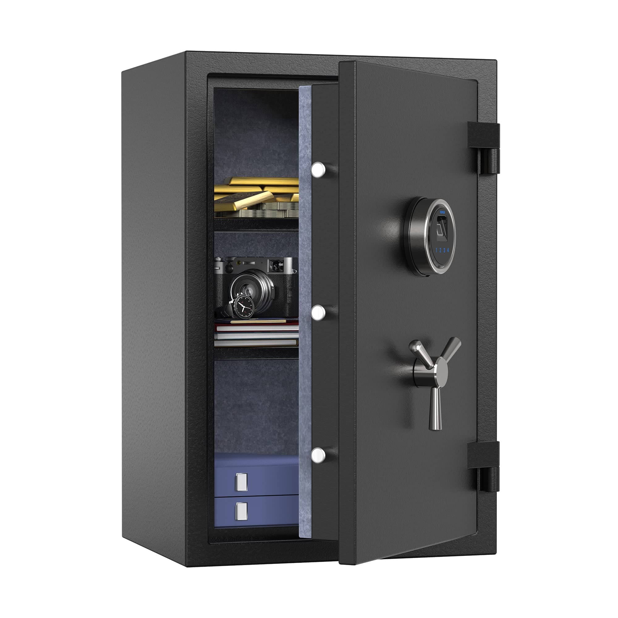 Deluxe Biometric Fireproof Safe Box, Fingerprint Fire Proof Safe with Digital Touchscreen, Removable Shelf and 3 Spoke Safe Handle, Home Safes for Cash Documents Jewelry, 60L, Black