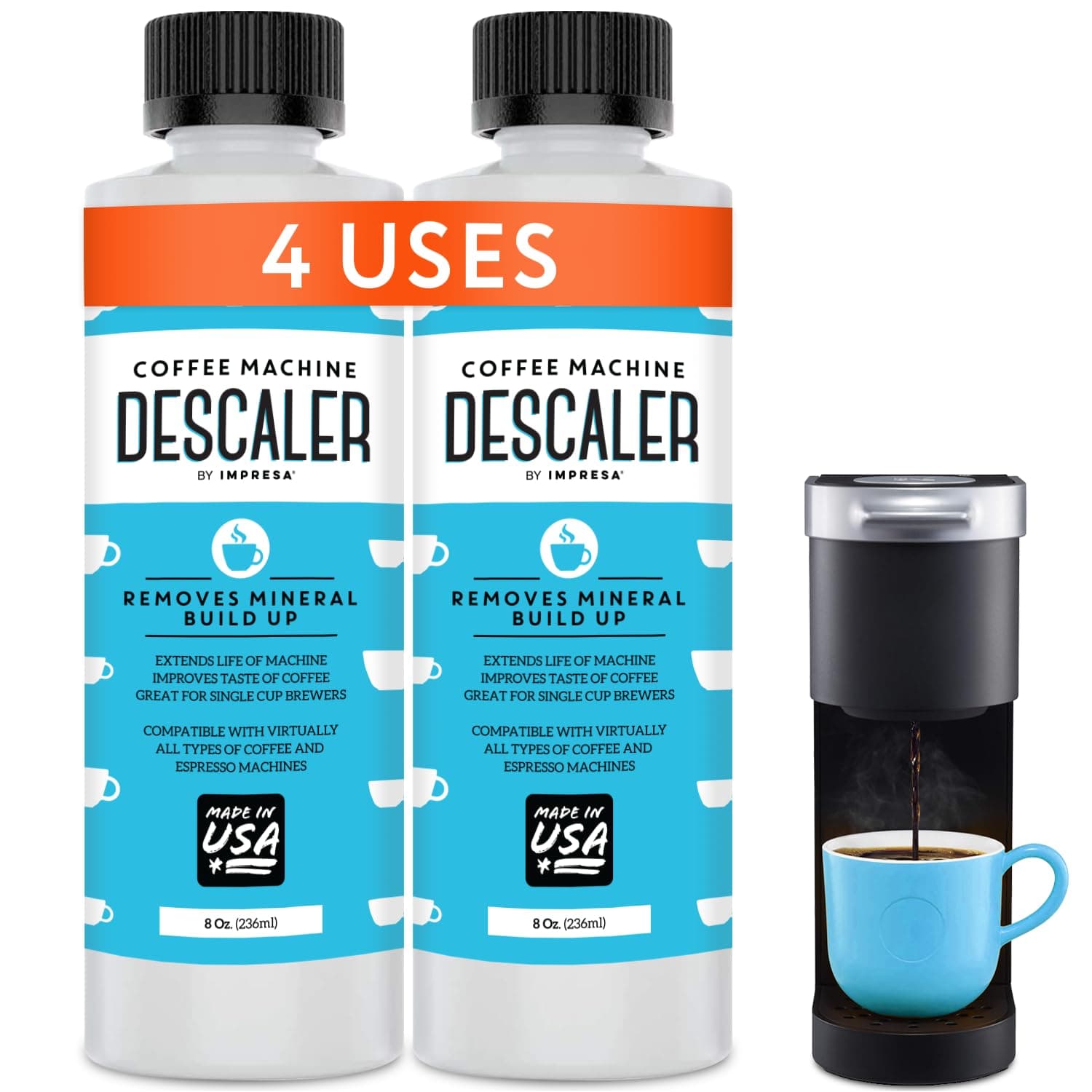- Descaler (2 Pack, 2 Uses Per Bottle) - Made in the USA - Universal Descaling Solution for Keurig, Nespresso, Delonghi and All Single Use Coffee and Espresso Machines