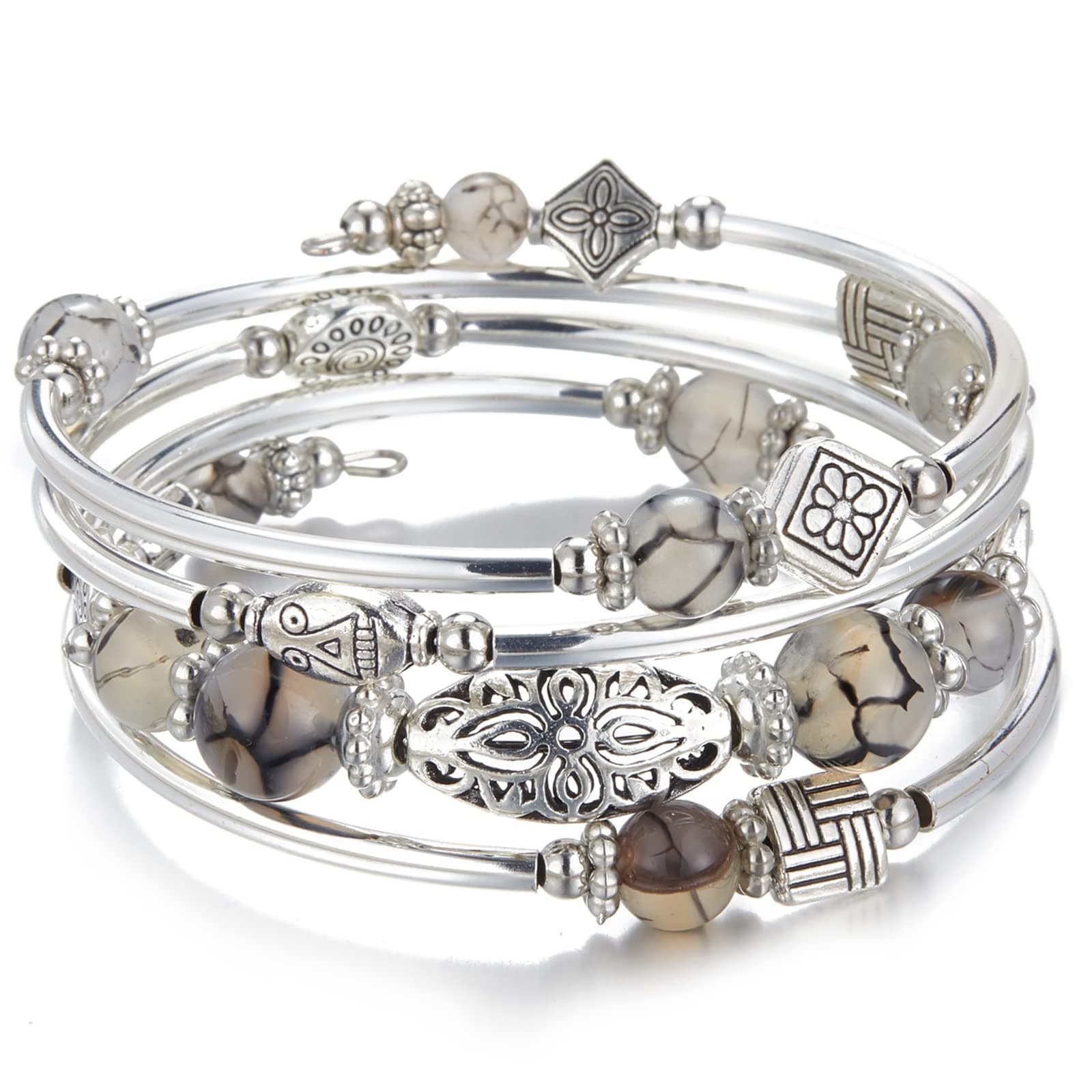 Layered Wrap Bangle Turquoise Bracelet - Bead Bracelet with Natural Agate Stone, Gifts For Women