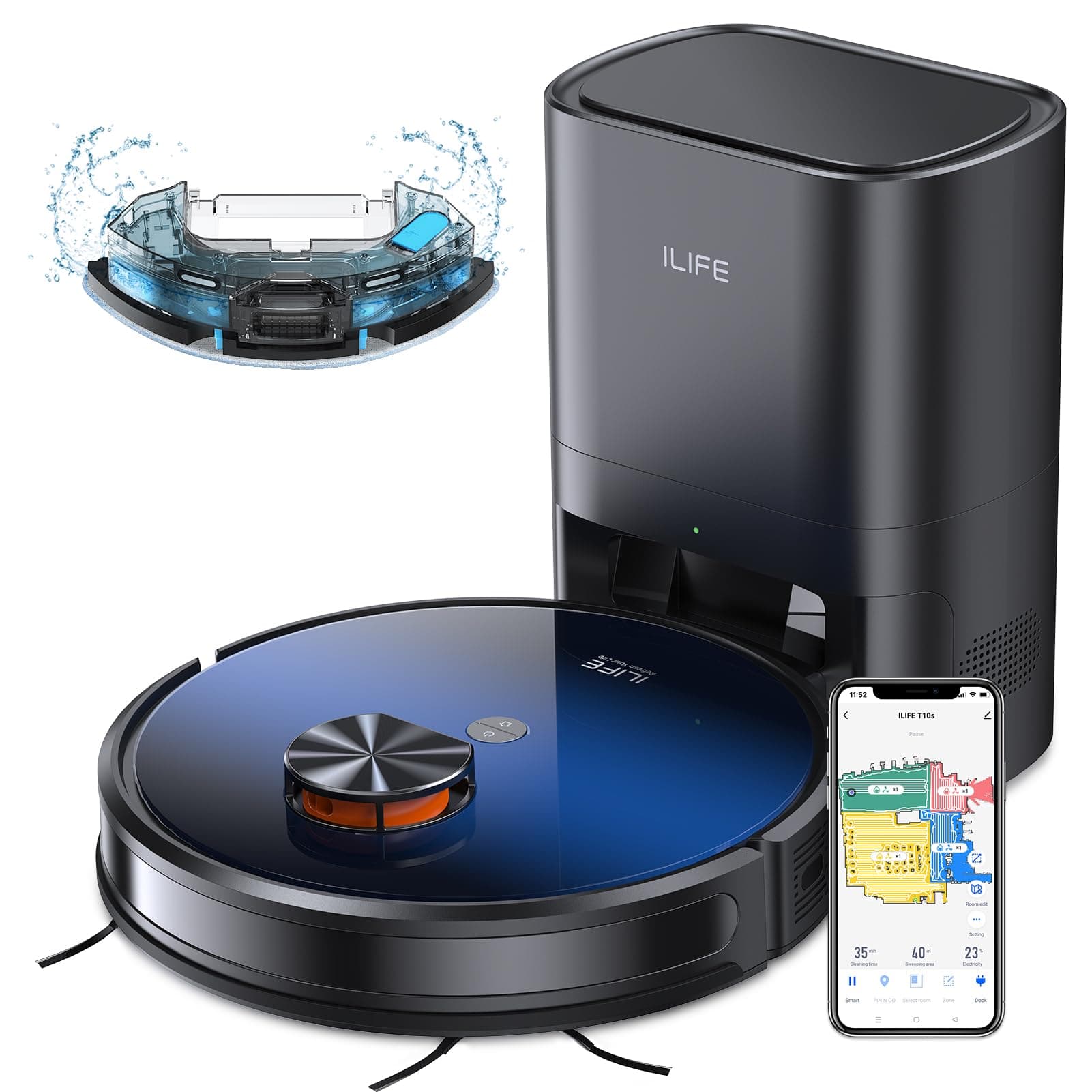 ILIFE Robot Vacuum and Mop Combo, Self Emptying for 60 Days of Cleaning, 3000Pa Suction and Lidar Navigation, Smart Mapping, Wi-Fi/App/Alexa Control, for Pet Hair Carpet Hard Floor, T10s