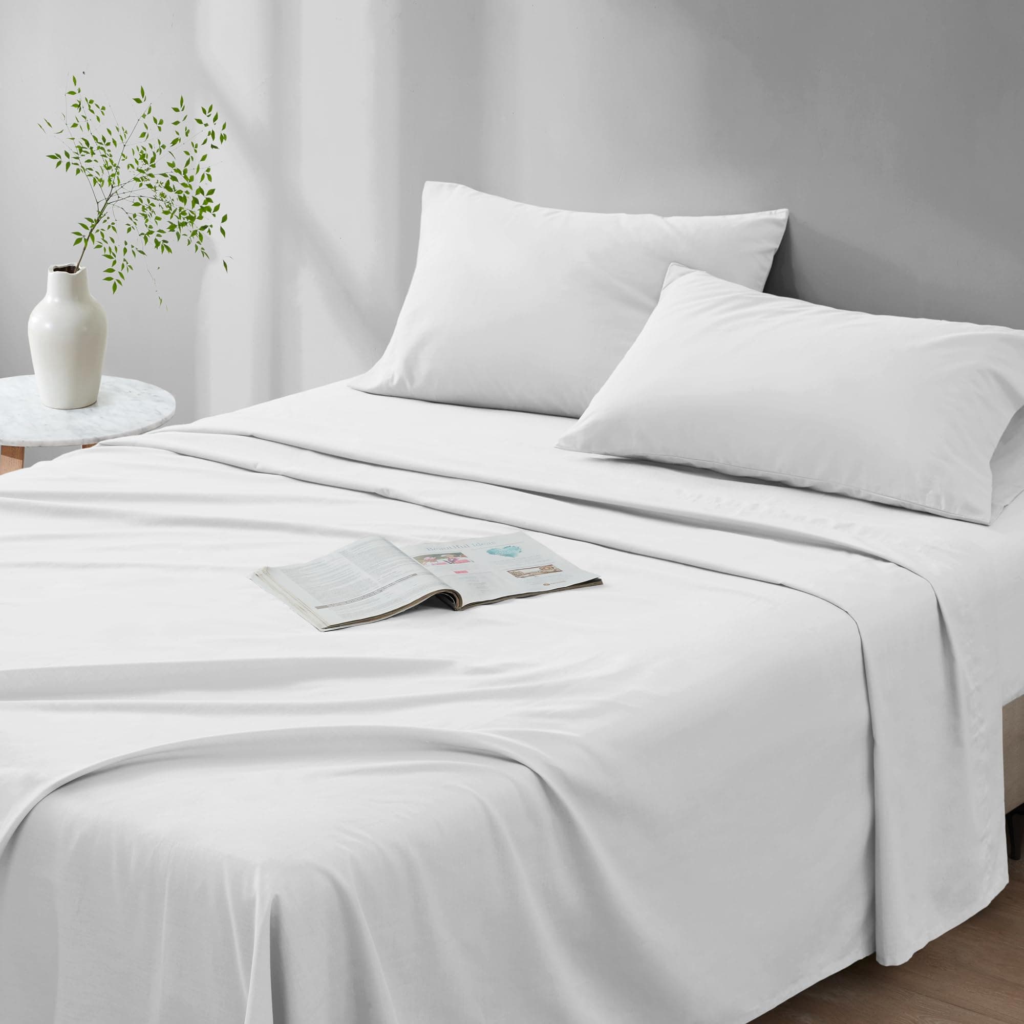 Comfort Spaces 100% Cotton Sheet Set Breathable, Lightweight, Soft with 14" Elastic Pocket Fits up to 16" Mattress, All Season Cozy Bedding, Matching Pillow Case, Full White 4 Piece