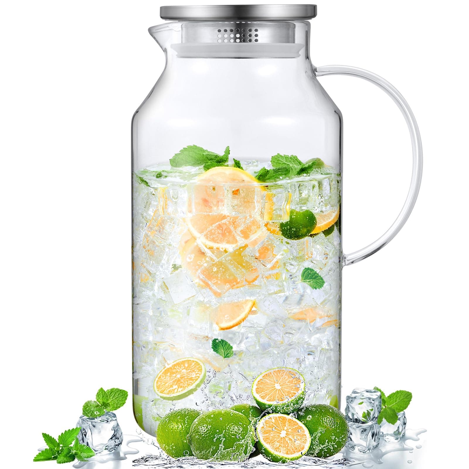 Bivvclaz 1 Gallon Glass Pitcher with Lid and Handle, Glass Water Pitcher for Fridge, Glass Carafe for Hot/Cold Water, Iced Tea Pitcher, Large Jug for Coffee, Juice and Homemade Beverage