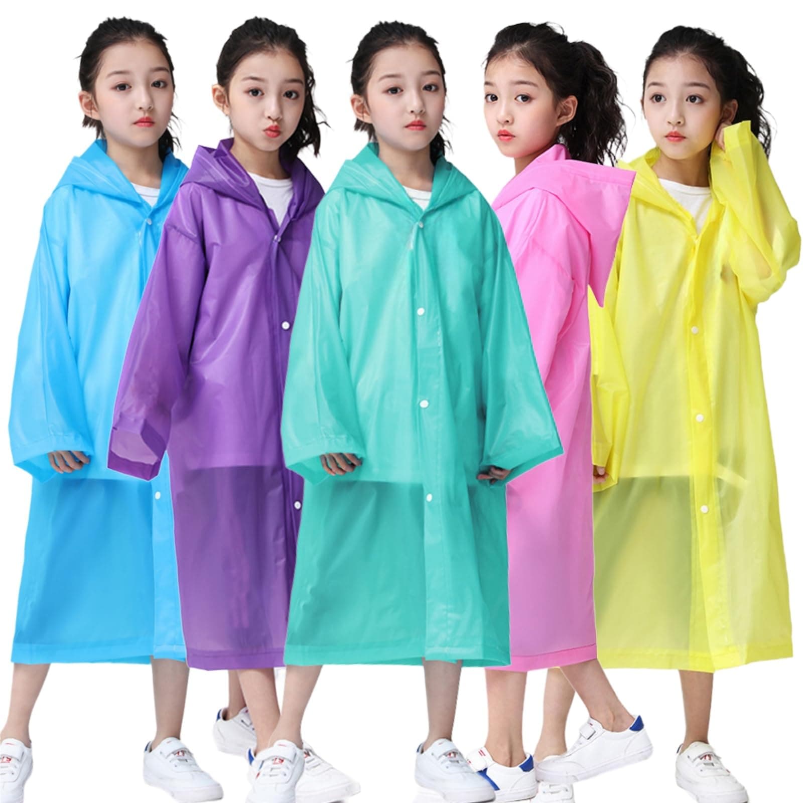 Kids Rain Poncho 2 Pack, Reusable Raincoat Rain Jackets for 6-14 Girls Boys