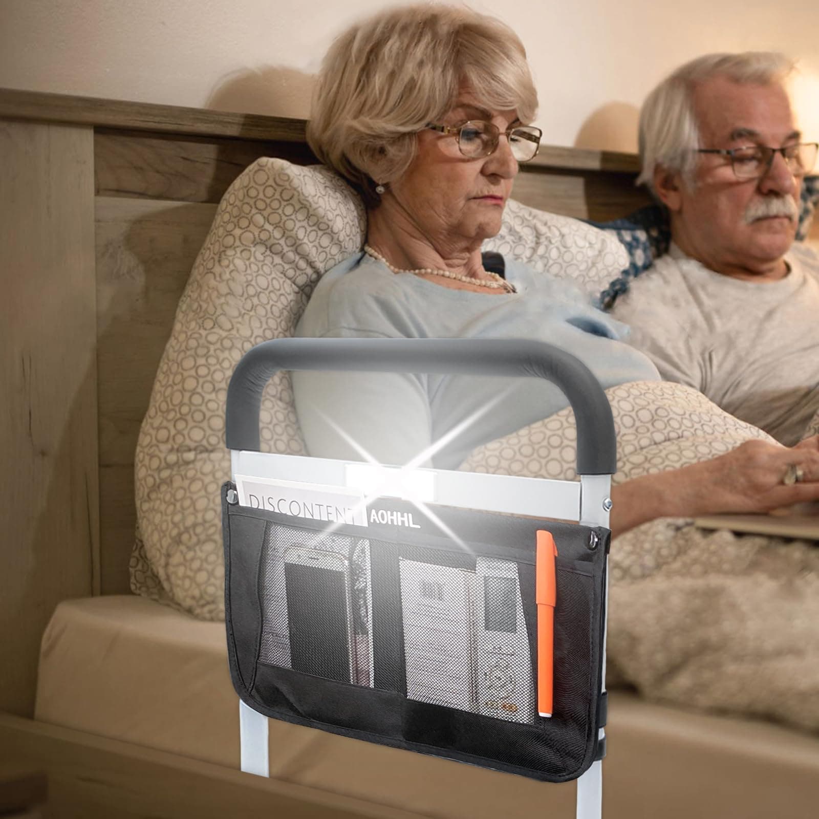 AOHHL Bed Rails for Elderly Adults Safety with Adjustable Heights Storage Pocket Assist Support Side Railings Seniors Slides Under Mattressbed Cane Guard Bed Handles Bars (White (with Light))